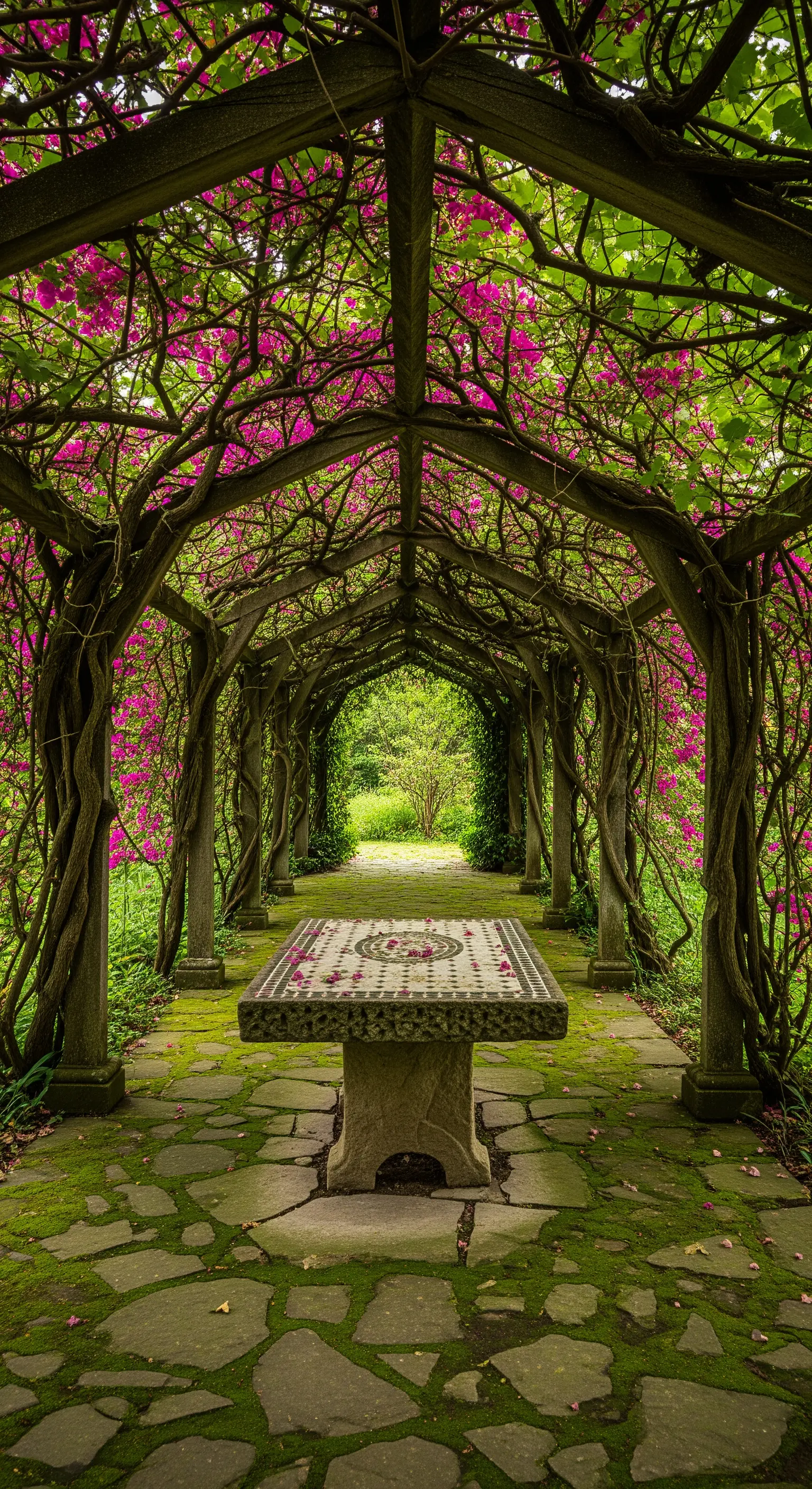 Tunnel di rami intrecciati e bouganville che conduce a un tavolo solitario in mosaico