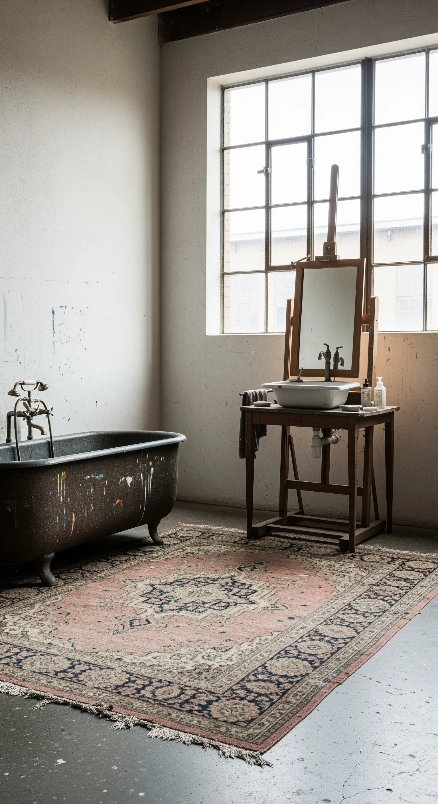 Bagno in stile loft industriale con vasca vissuta e lavabo su cavalletto.