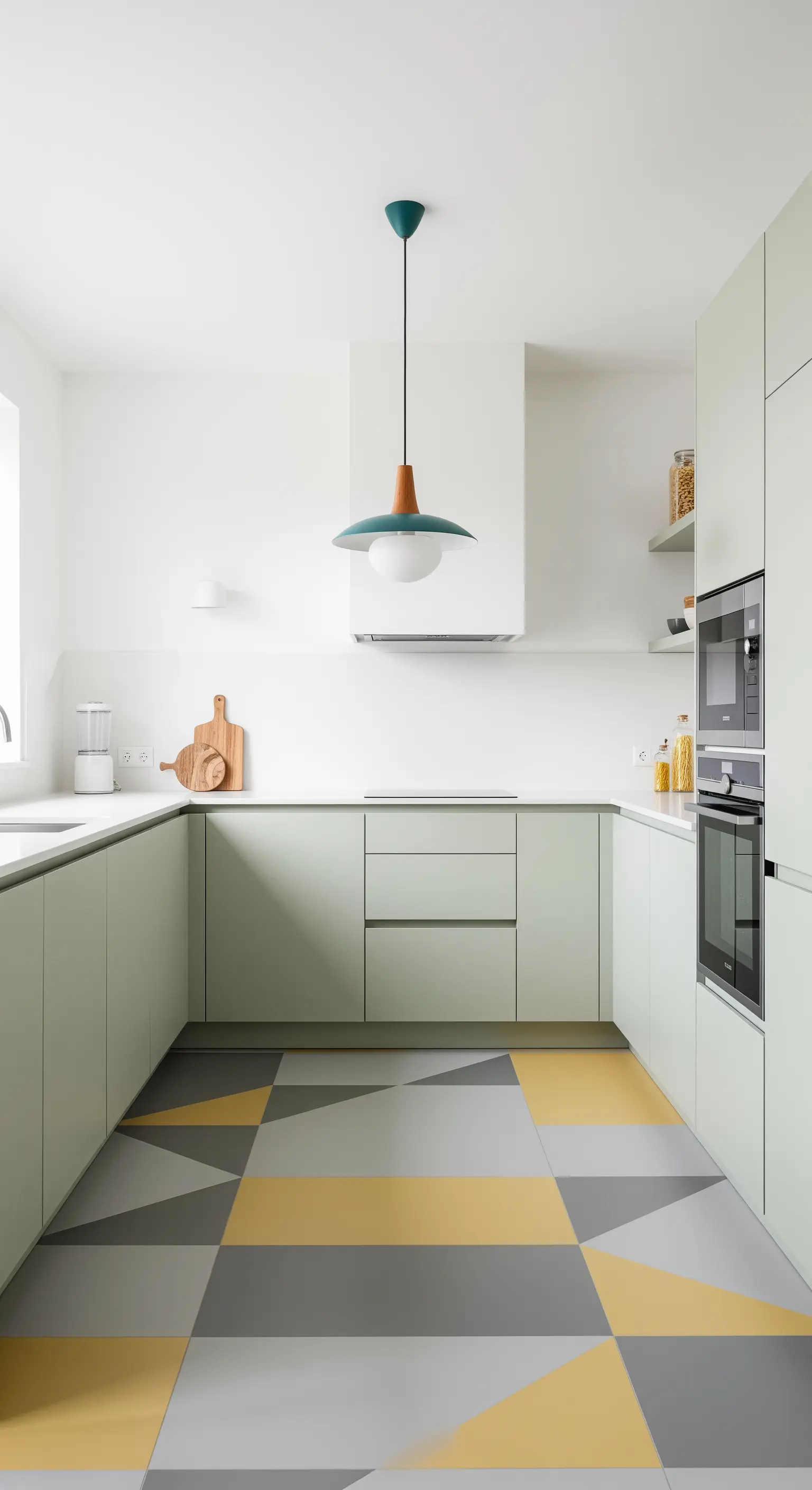 Cucina minimalista con mobili verde menta e pavimento geometrico giallo, grigio e verde.