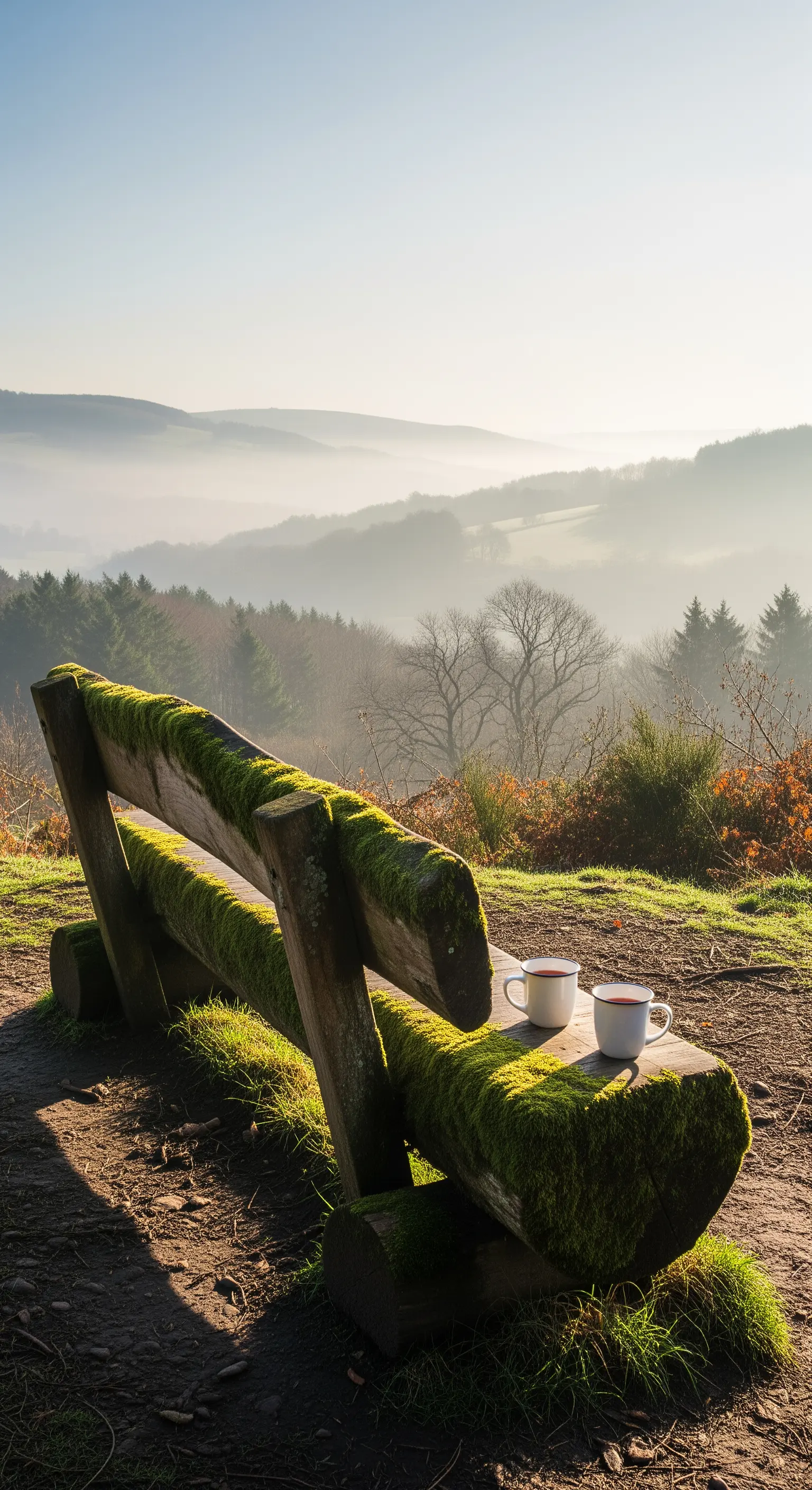 Panca di tronchi massicci coperta di muschio verde, con vista su una vallata nebbiosa.
