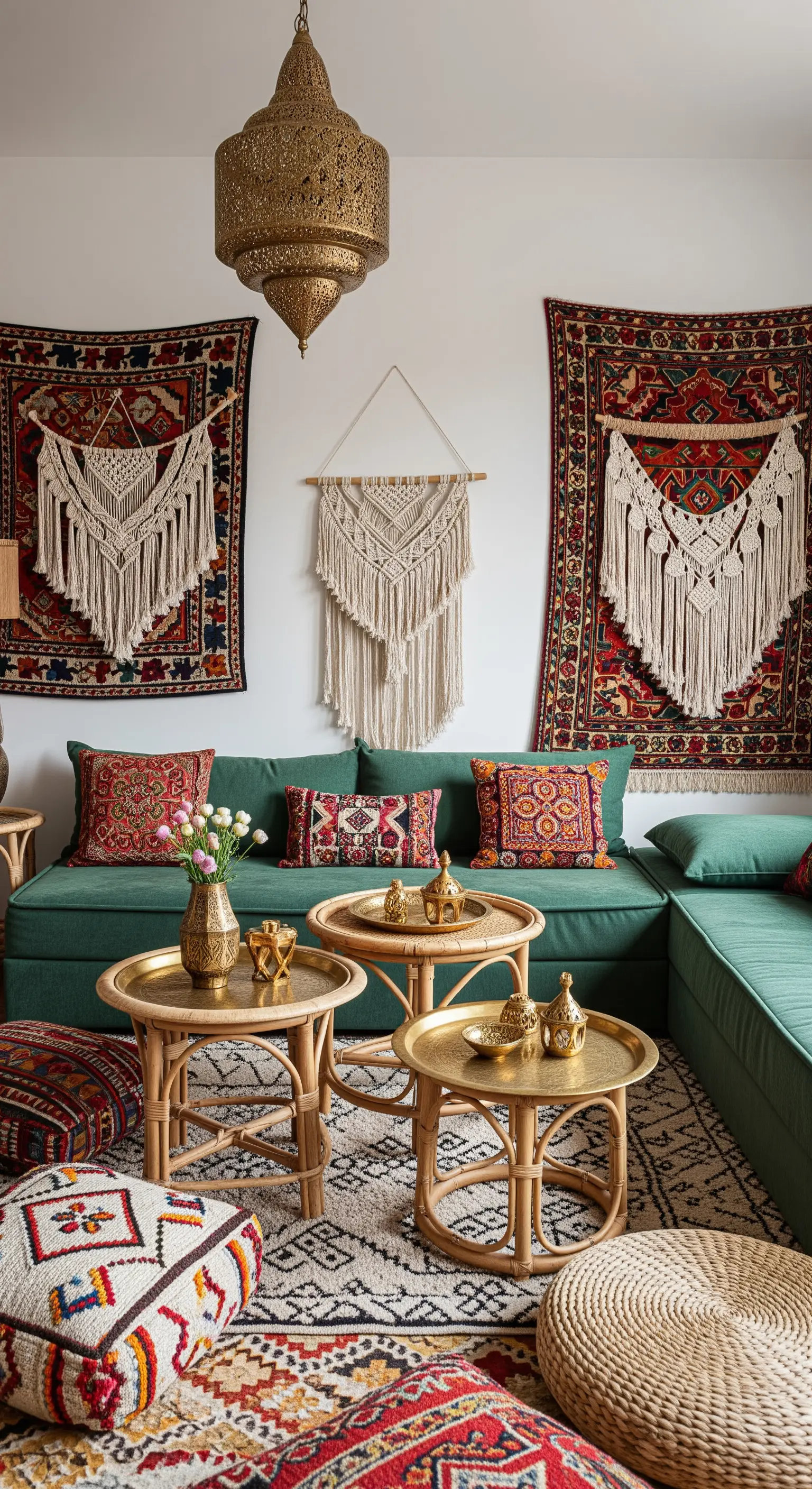 Salotto in stile marocchino con divano verde, tappeti sovrapposti e tavolini in rattan.