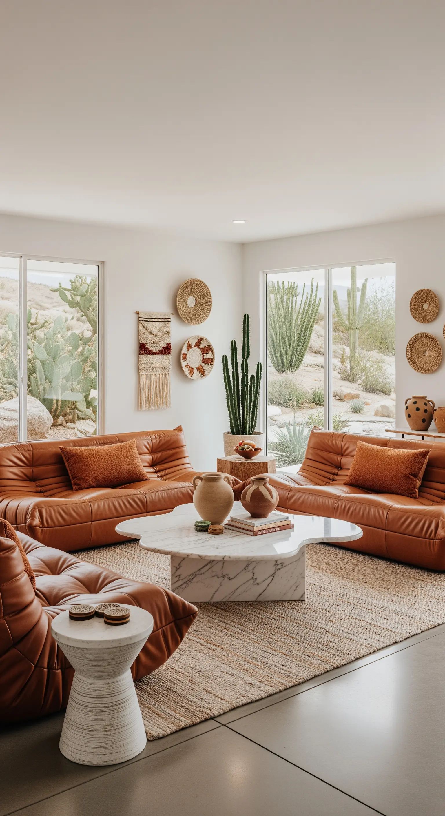 Soggiorno in stile desert modern con divani bassi in pelle color terracotta e cactus.