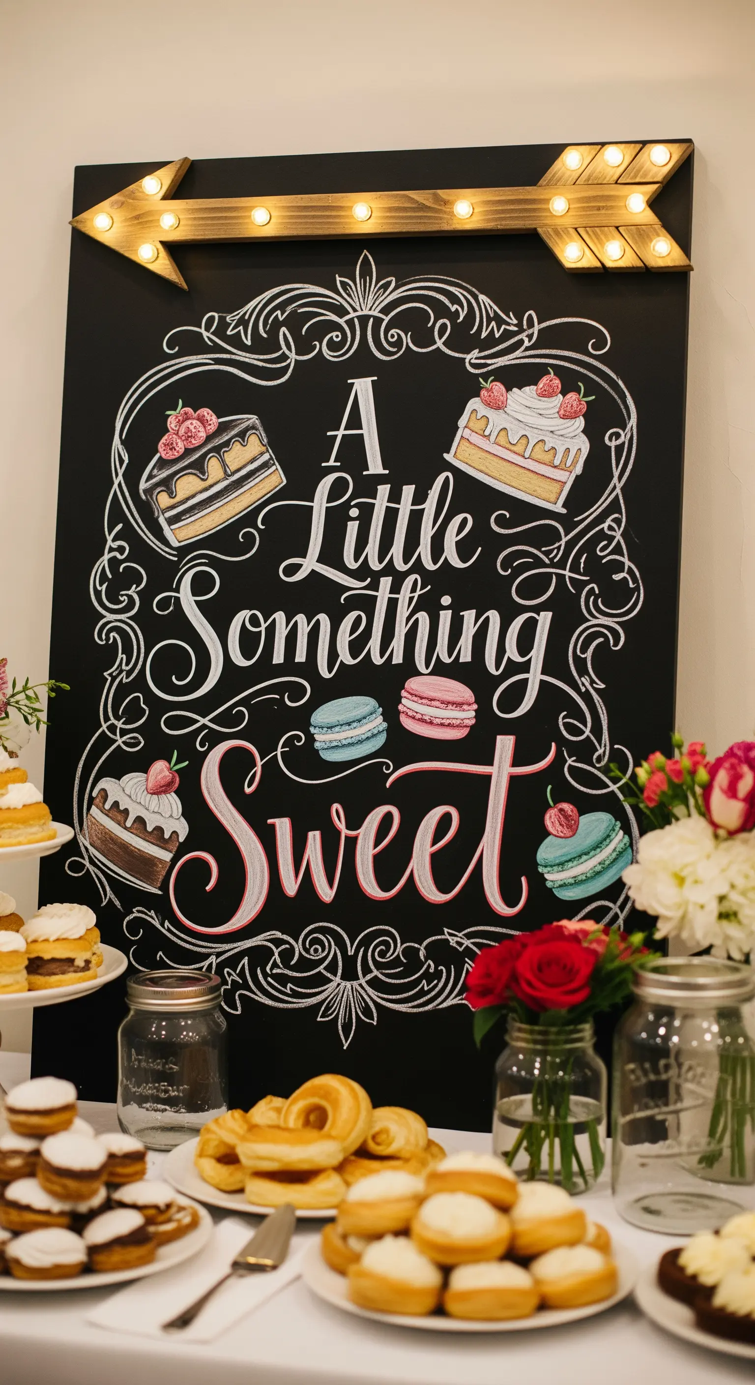 Insegna a lavagna per il tavolo dei dolci con disegni e una freccia in legno con lampadine.