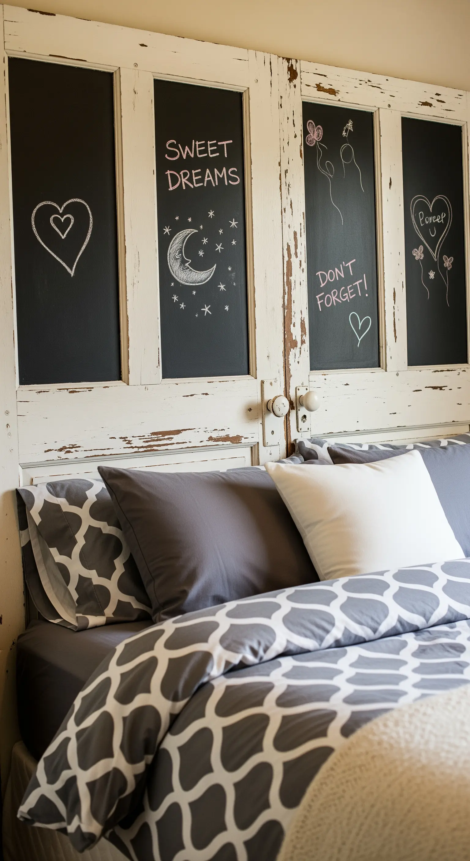 Testiera realizzata con porte i cui pannelli sono stati dipinti con vernice lavagna.