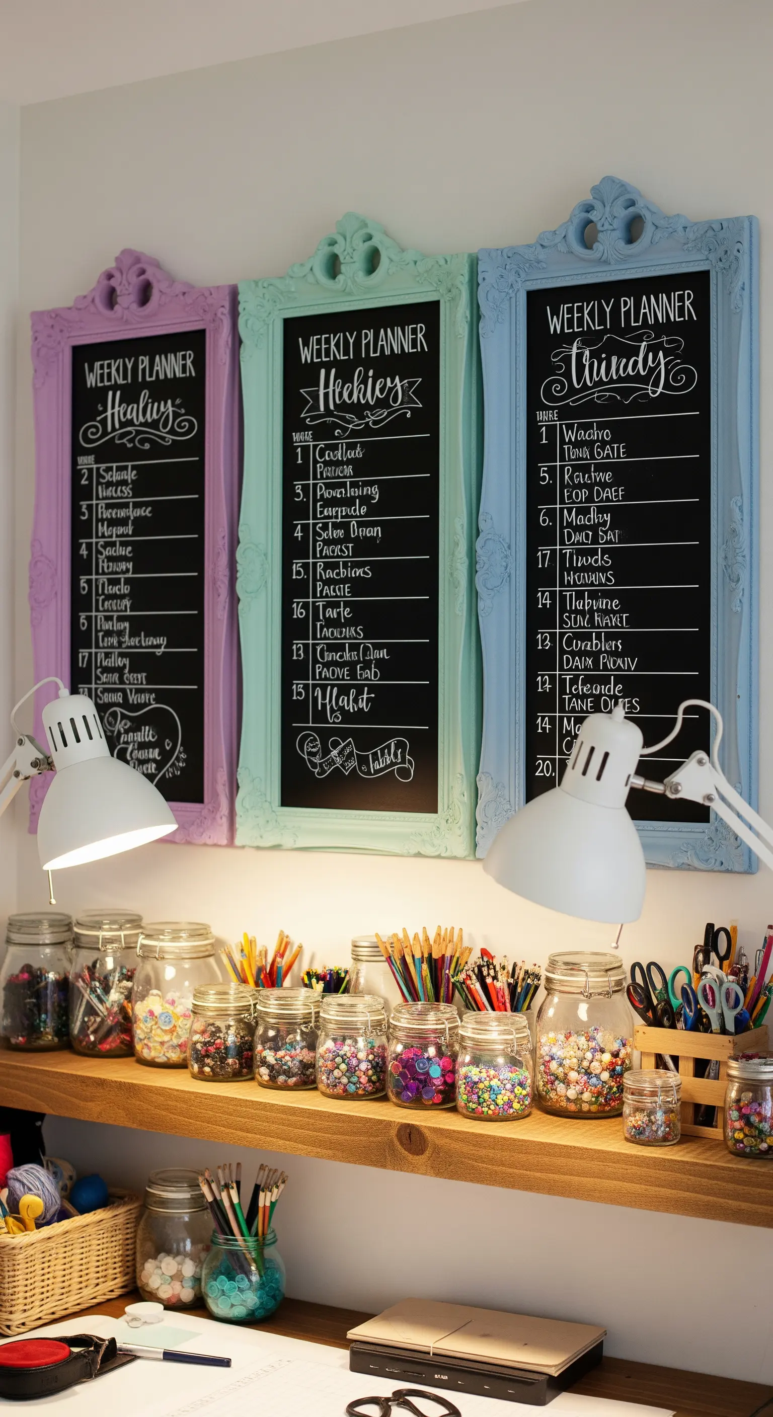 Cornici vintage ornate dipinte in colori pastello e trasformate in lavagne per planner settimanali.