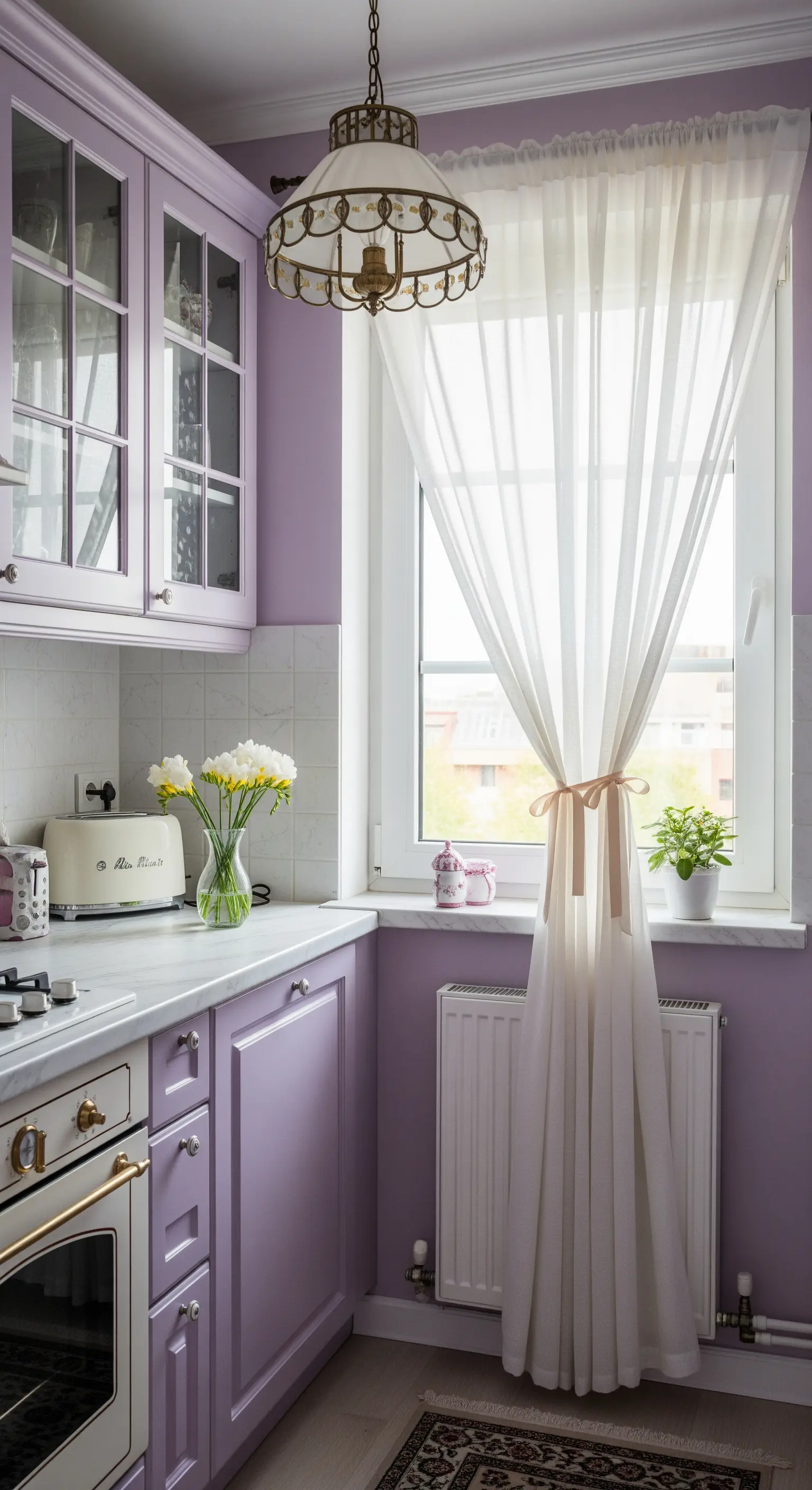 Cucina compatta color lavanda con piano in marmo bianco e tenda leggera.