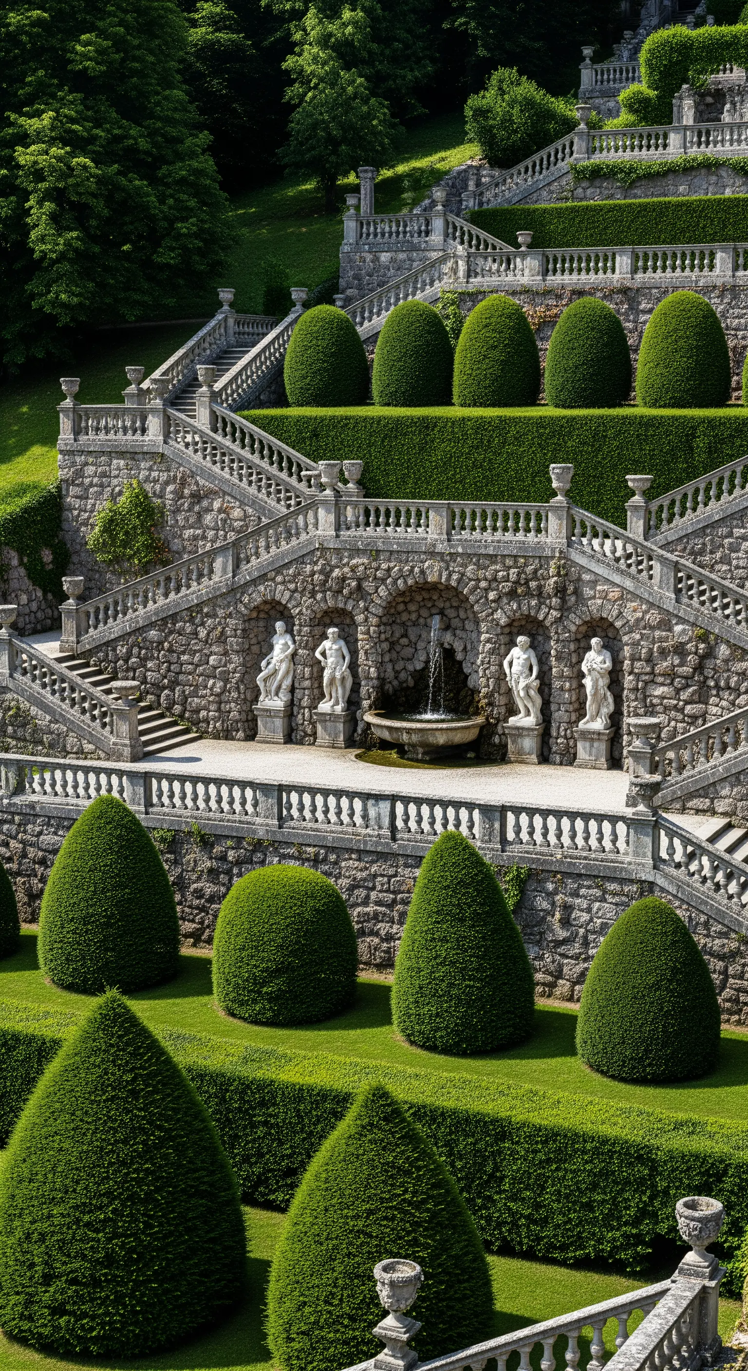 Imponente giardino terrazzato con scalinate in pietra, statue e arbusti a cono perfettamente potati