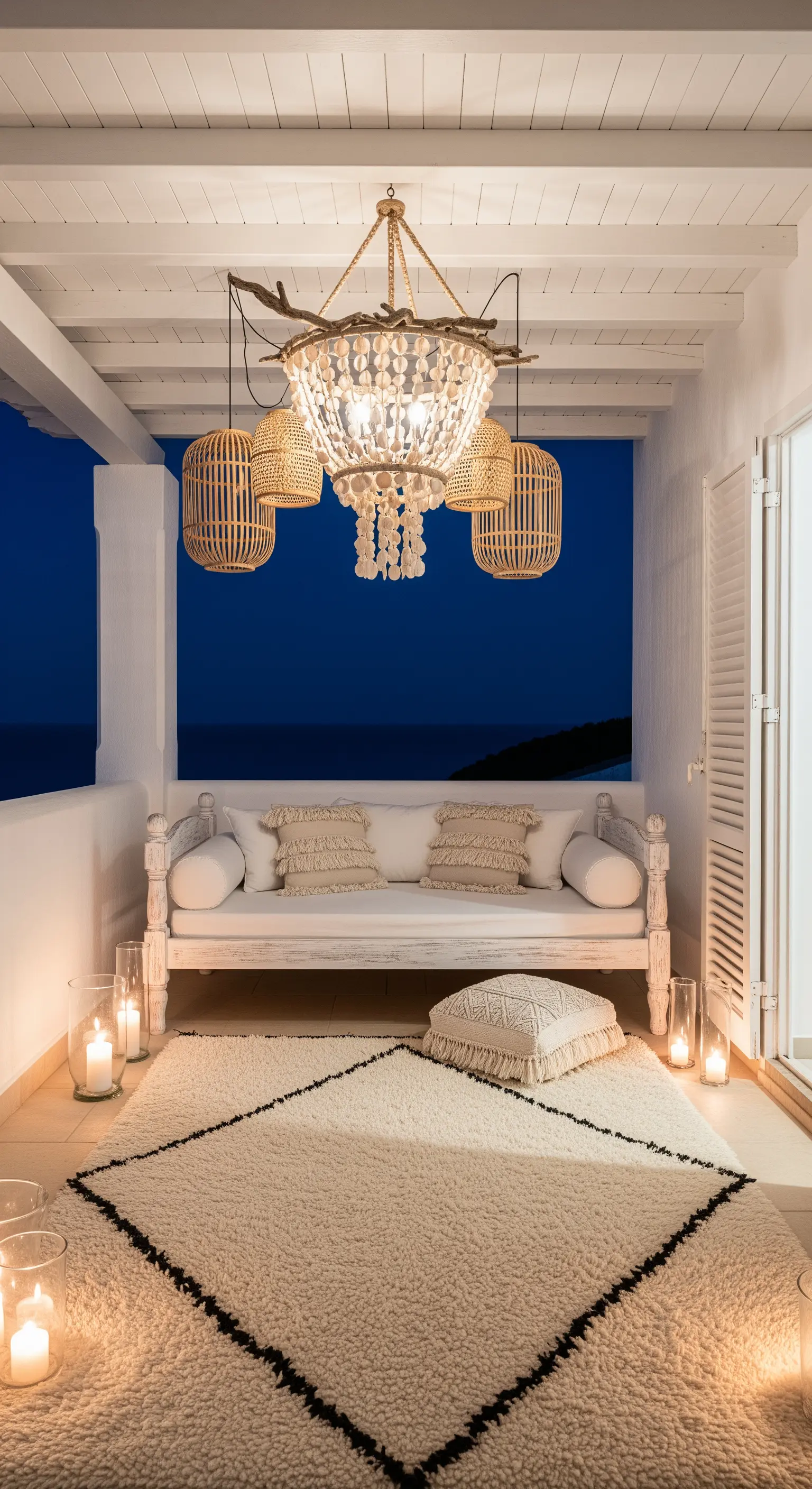 Balcone con divano bianco, tappeto Beni Ourain e un lampadario di perline e rattan.
