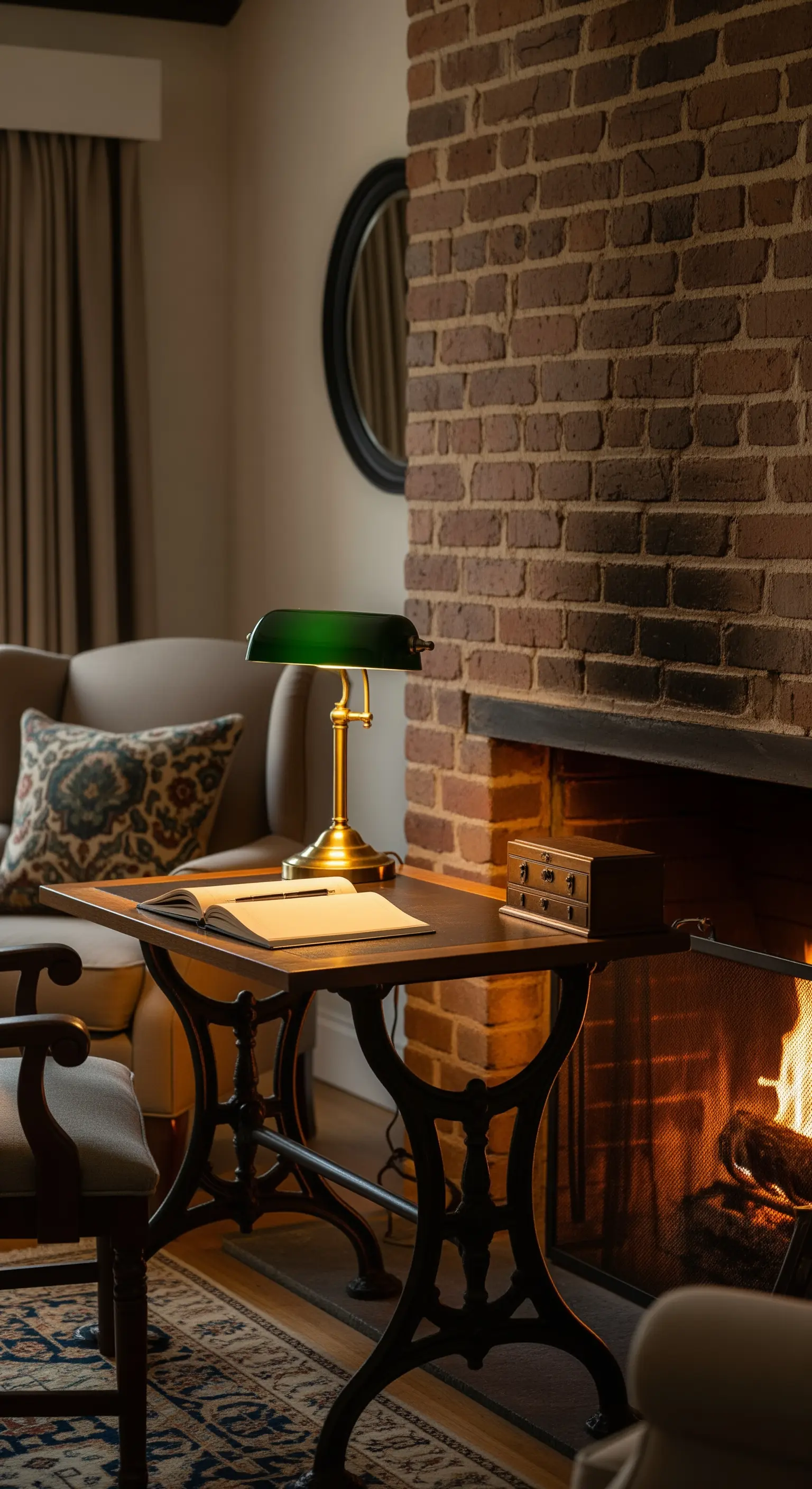 Piccola scrivania in legno posizionata accanto a un camino acceso con parete in mattoni.