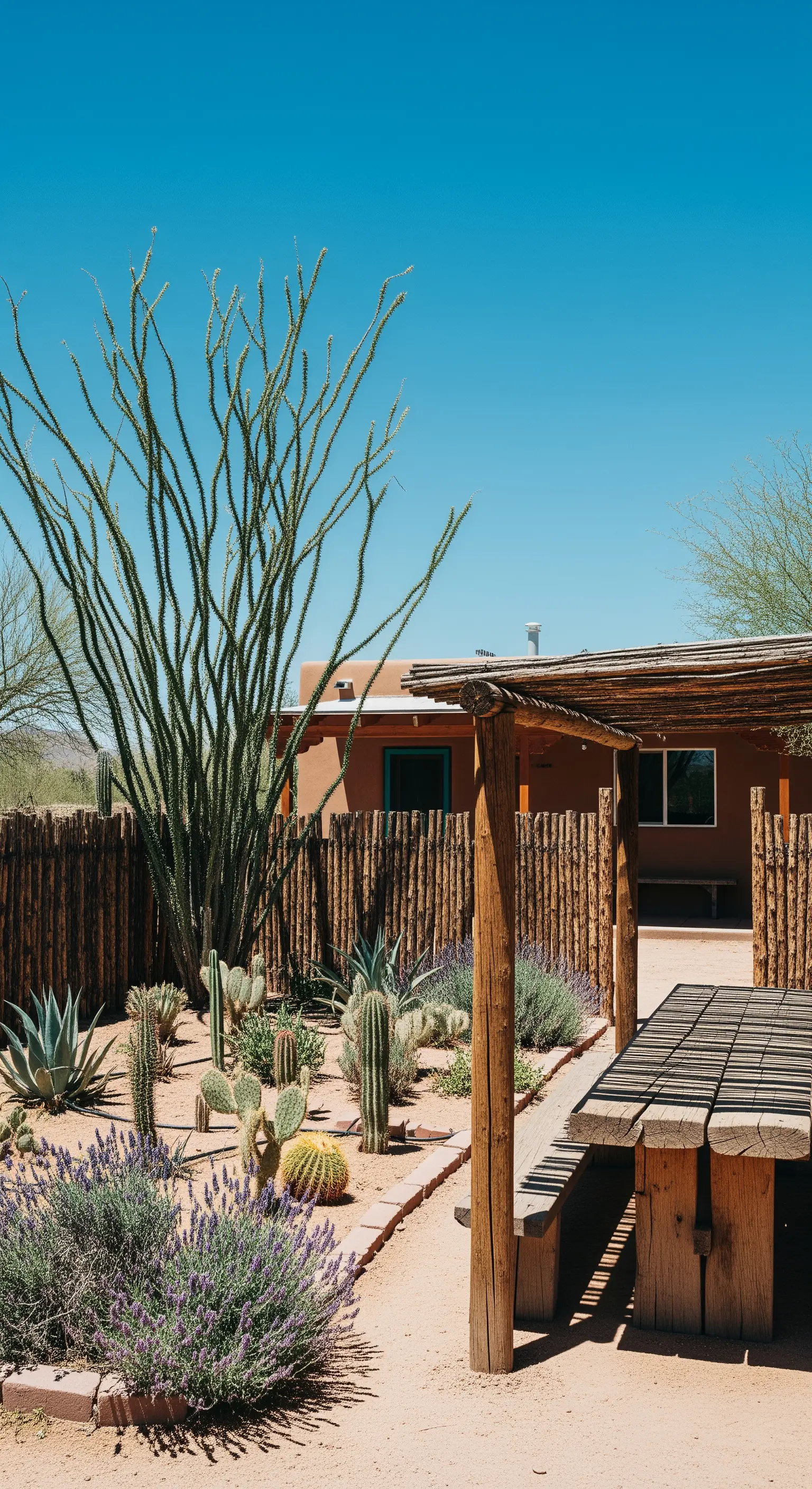 Giardino desertico con cactus, lavanda e una pergola in legno grezzo.