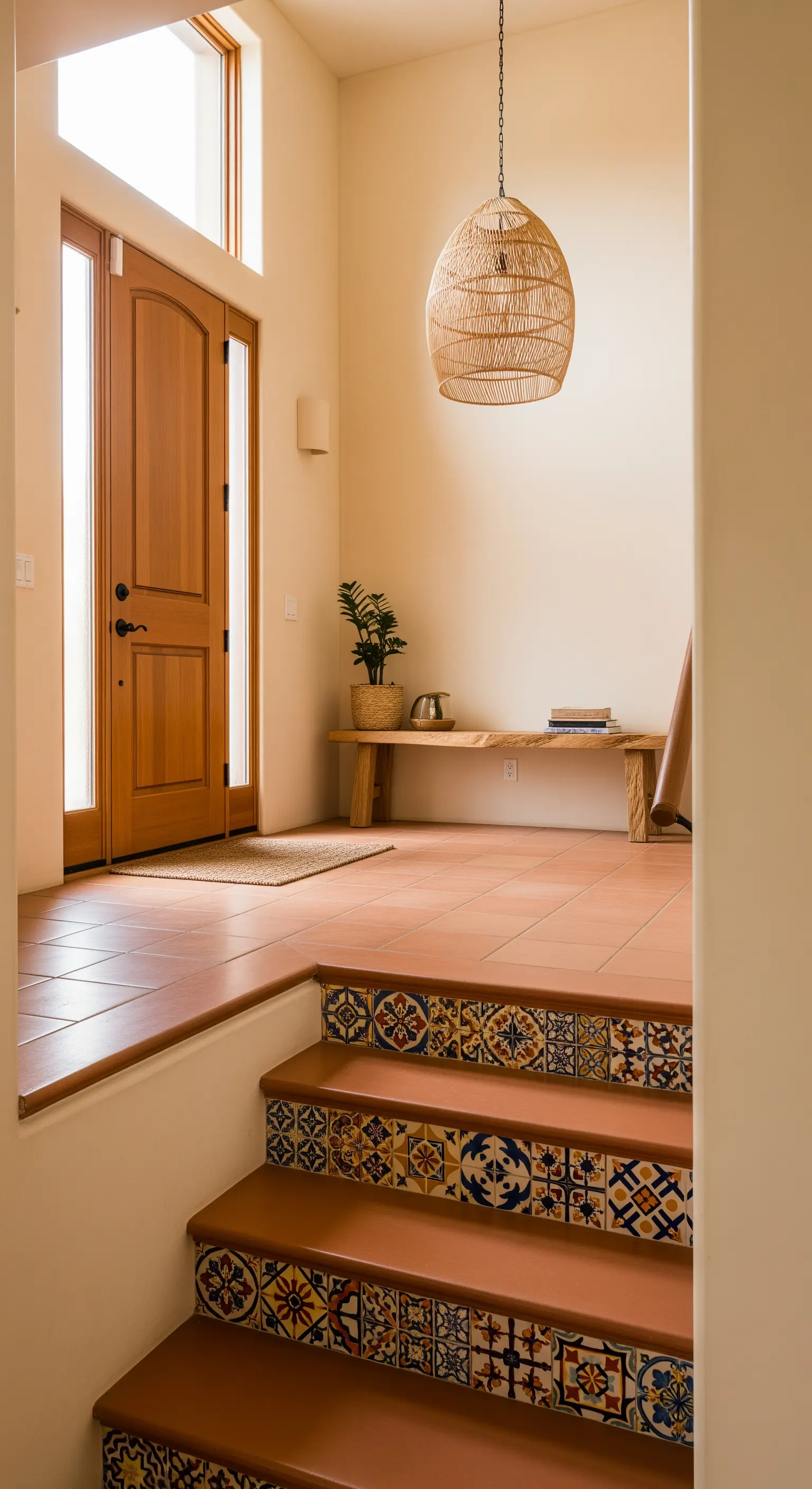 Scala con gradini in cotto e alzate rivestite con maioliche messicane colorate.