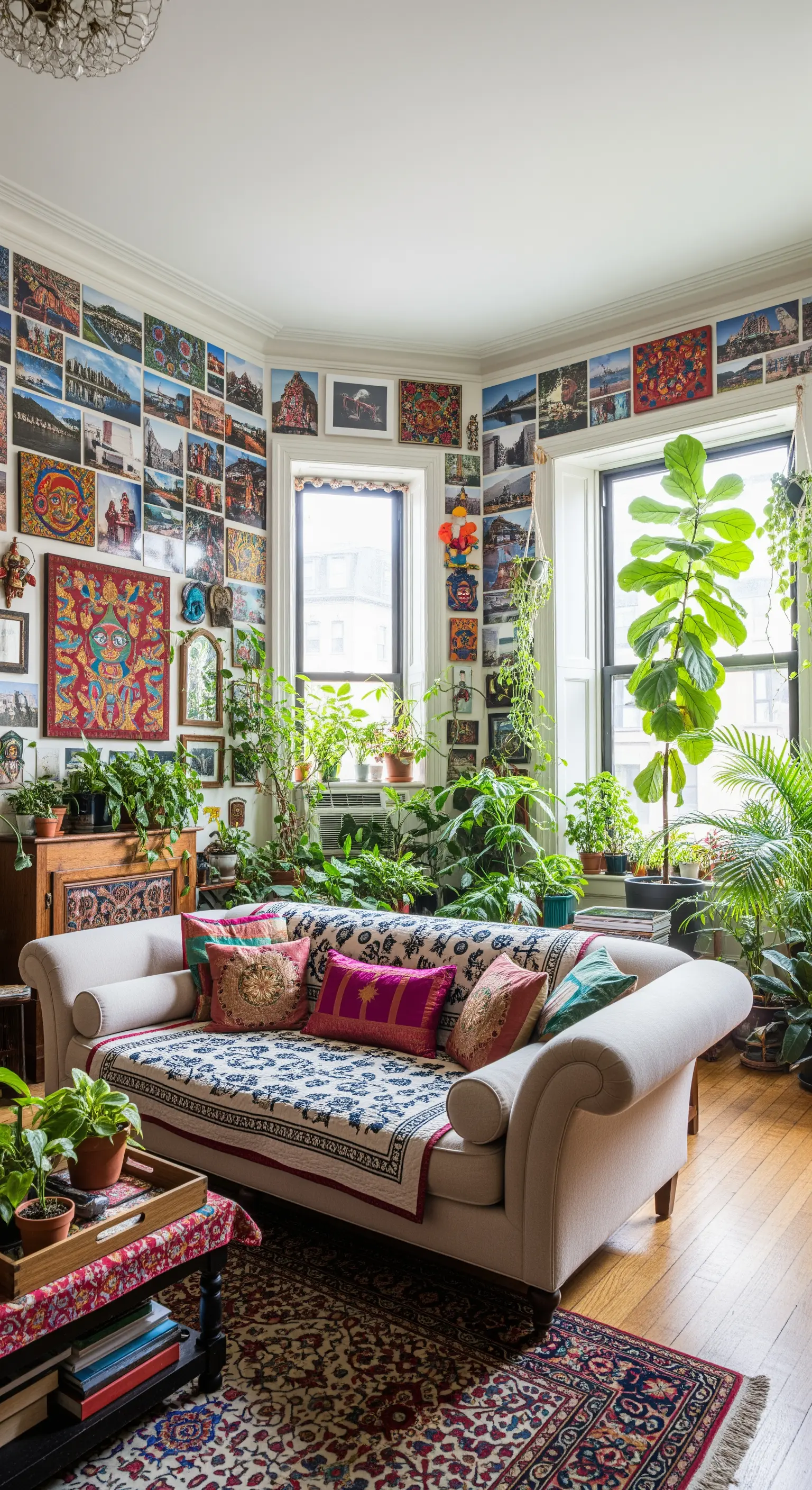 Salotto eclettico con pareti completamente coperte da foto e stampe, e un divano con tessuti colorati.