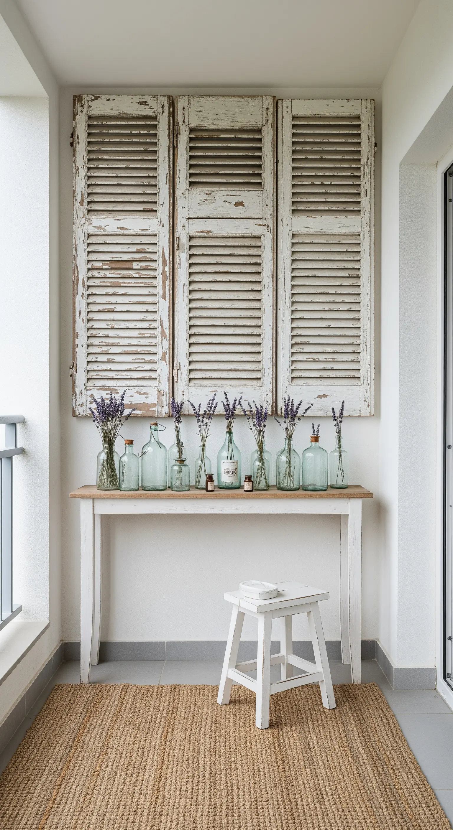 Consolle bianca con vecchie persiane decapate come sfondo e una fila di vasi con lavanda