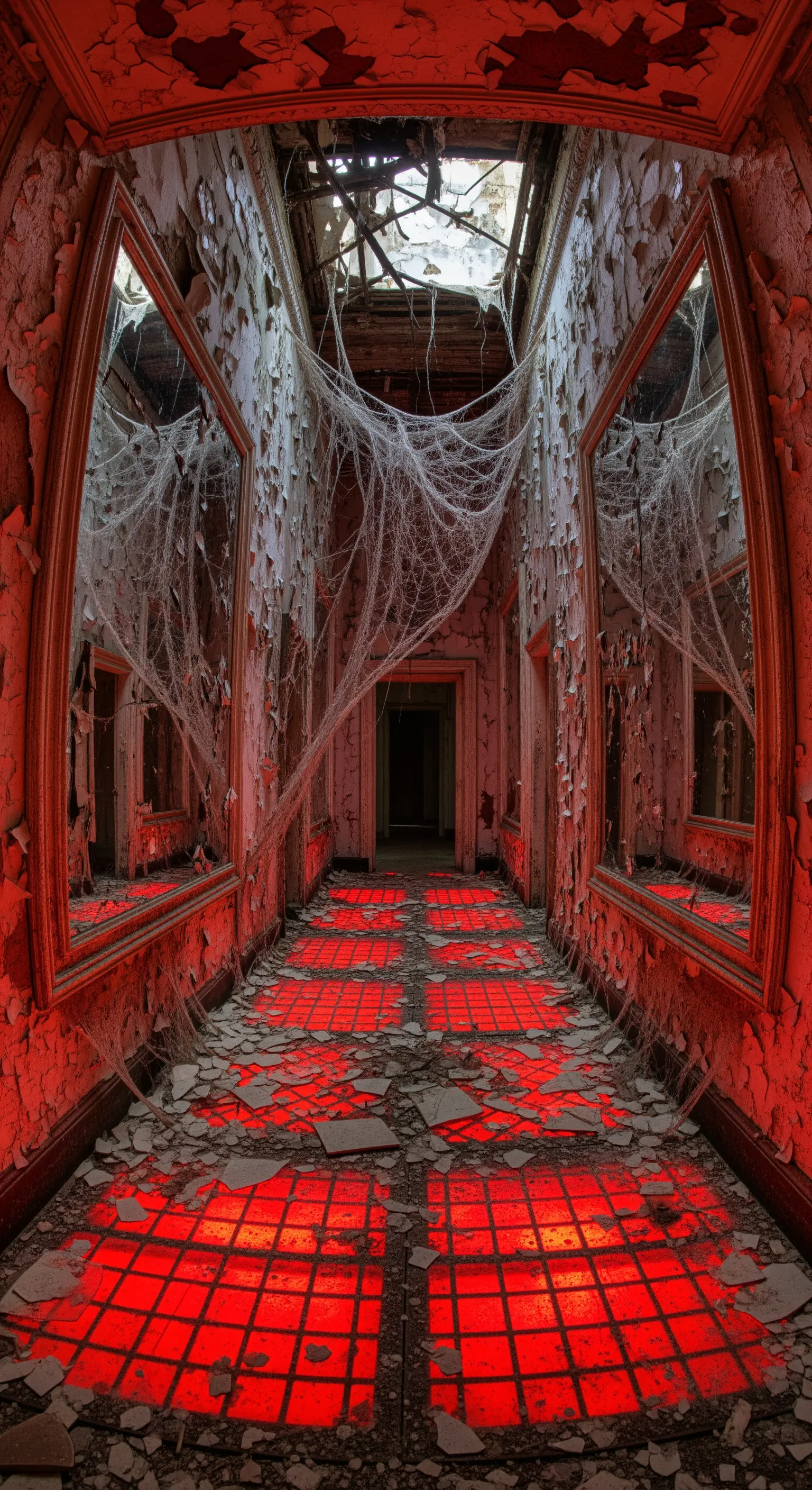 Corridoio in rovina con pareti scrostate e pavimento illuminato di rosso.