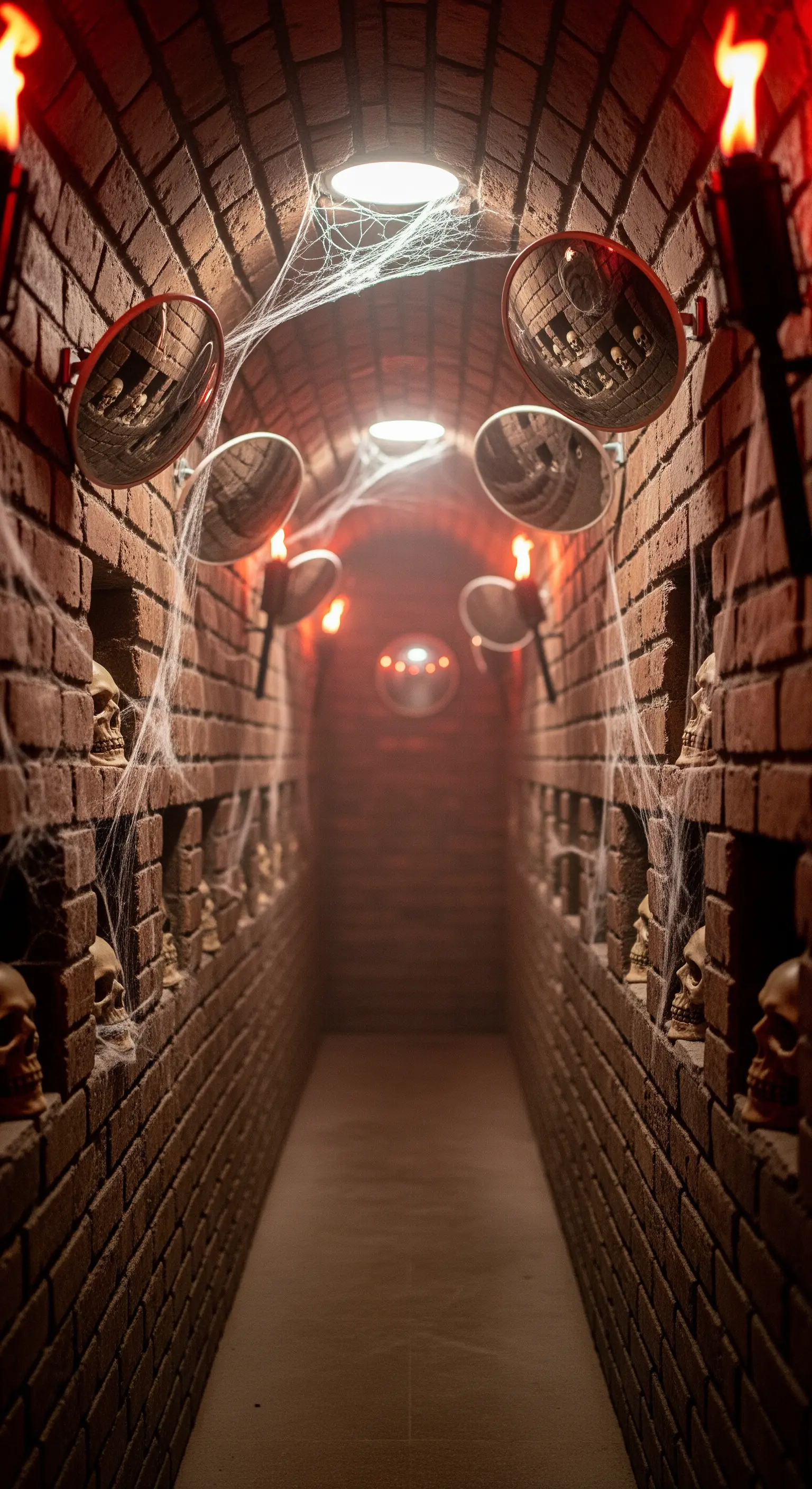 Corridoio in mattoni con teschi, specchi convessi e torce.