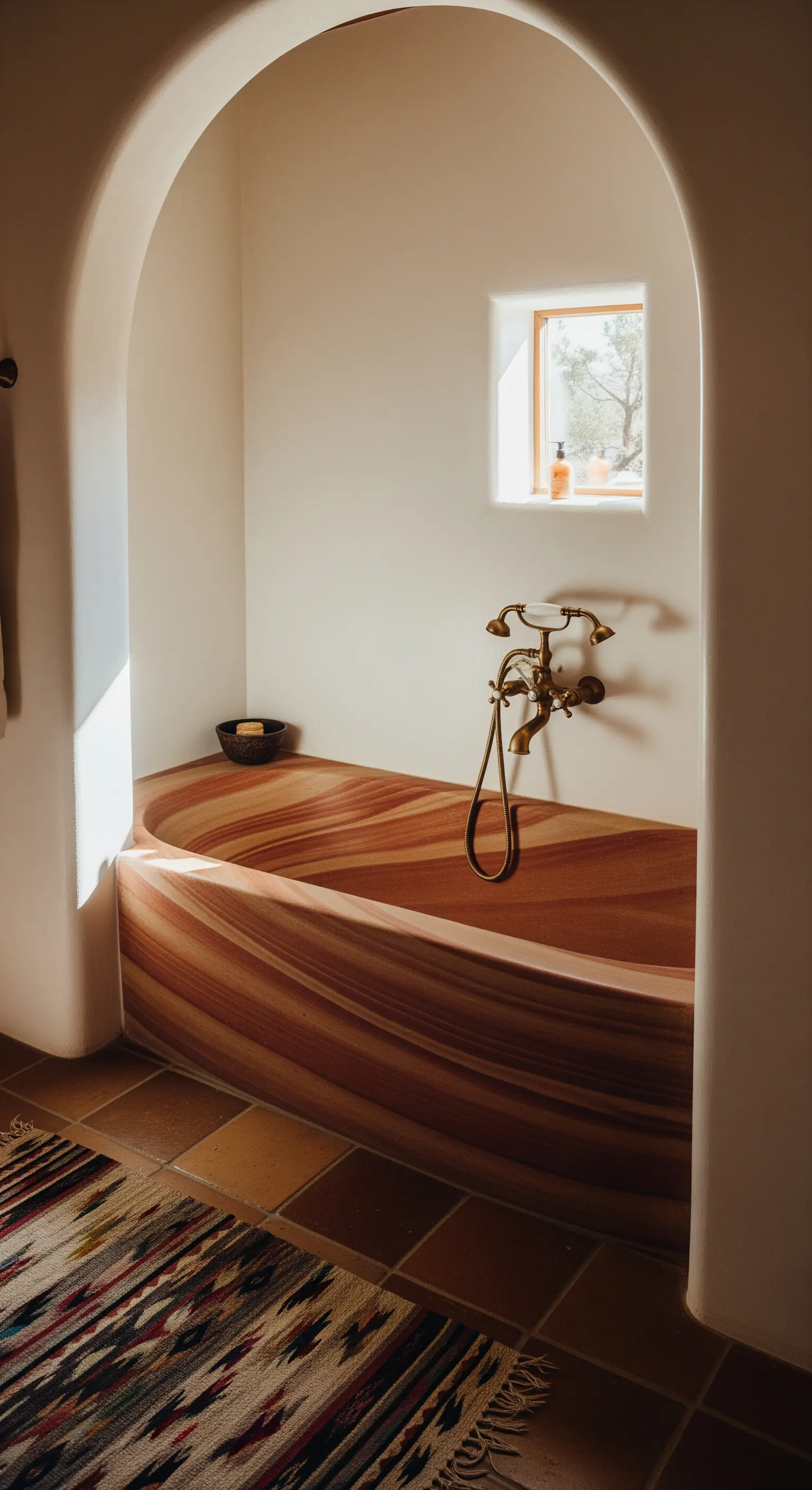 Vasca in pietra arenaria con venature a strati, inserita in una nicchia ad arco.