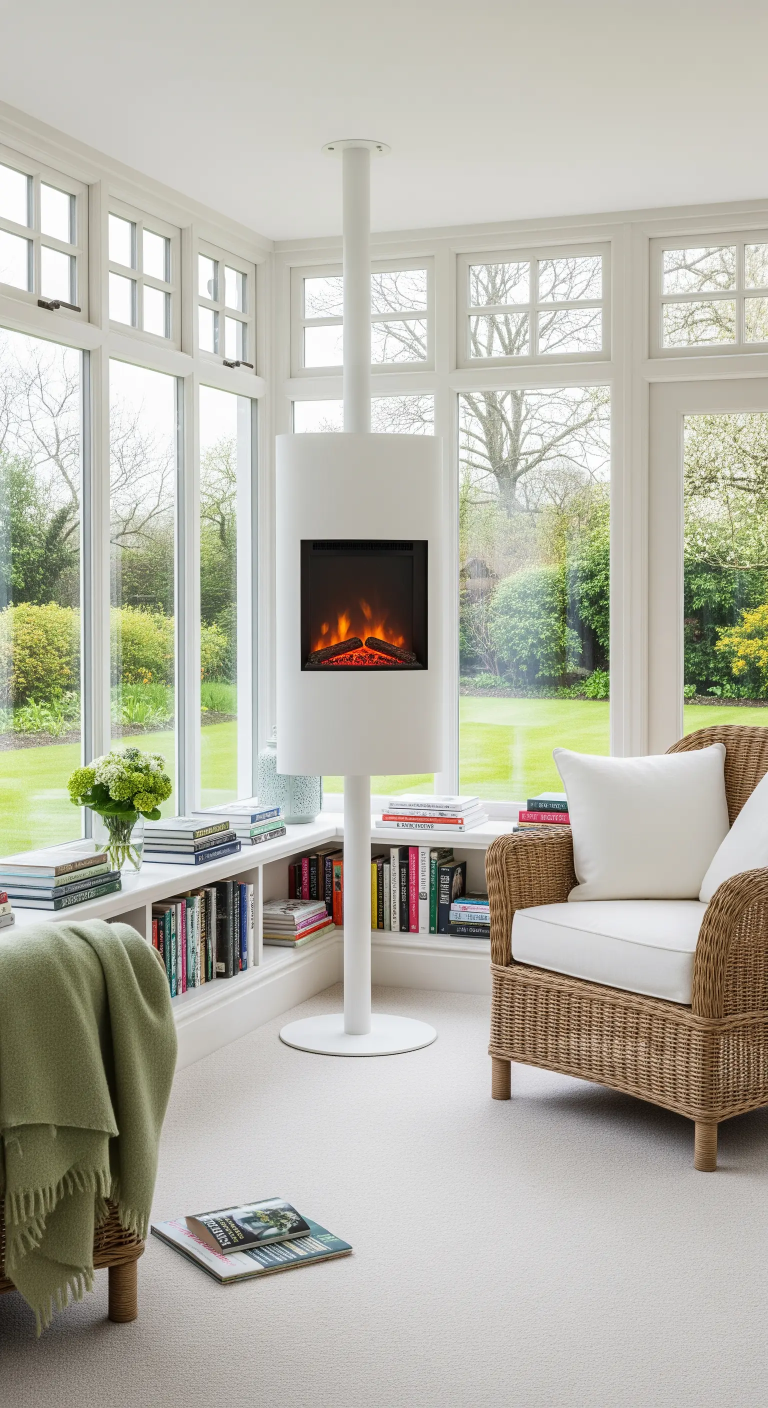 Angolo lettura in una veranda luminosa con camino freestanding e poltrone in vimini.