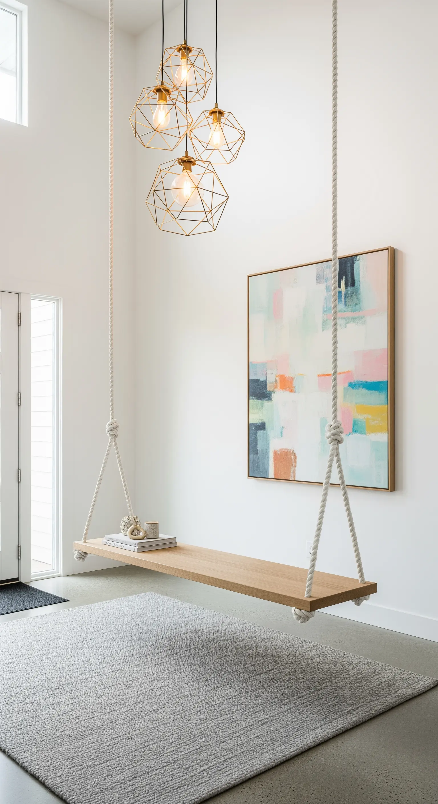 Panca sospesa in legno chiaro con corde bianche e lampadario dorato.