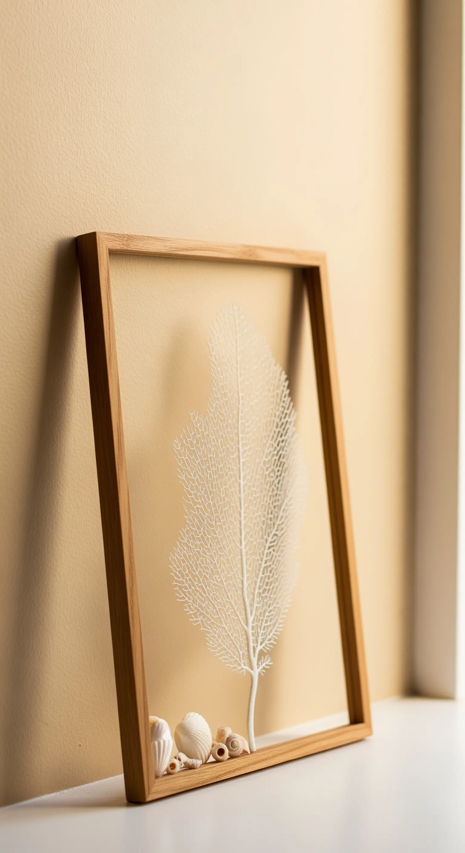 Un ventaglio di mare bianco pressato tra due vetri in una cornice di legno chiaro.