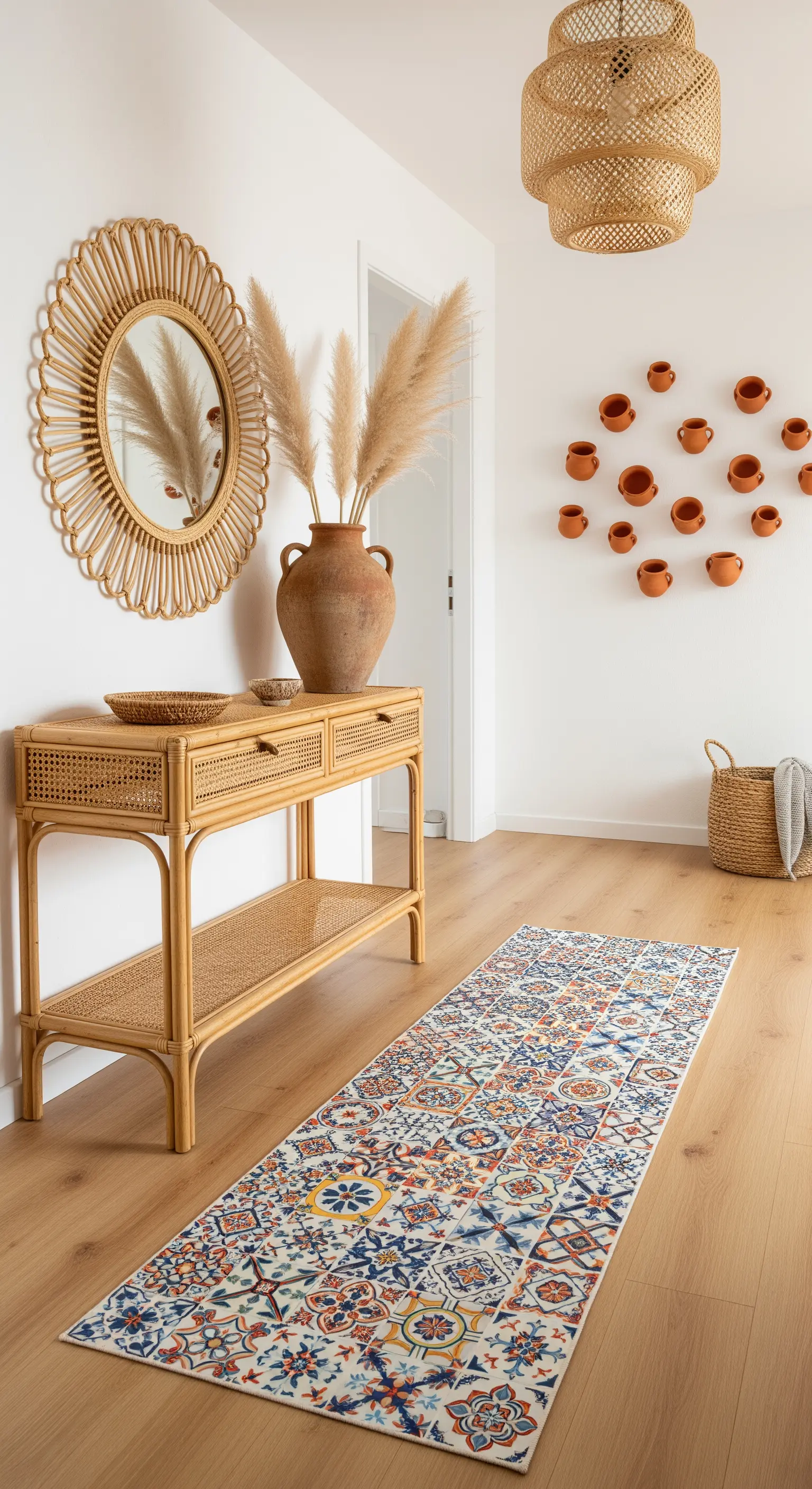 Ingresso in stile bohémien con consolle in rattan, runner a maiolica e specchio a sole.