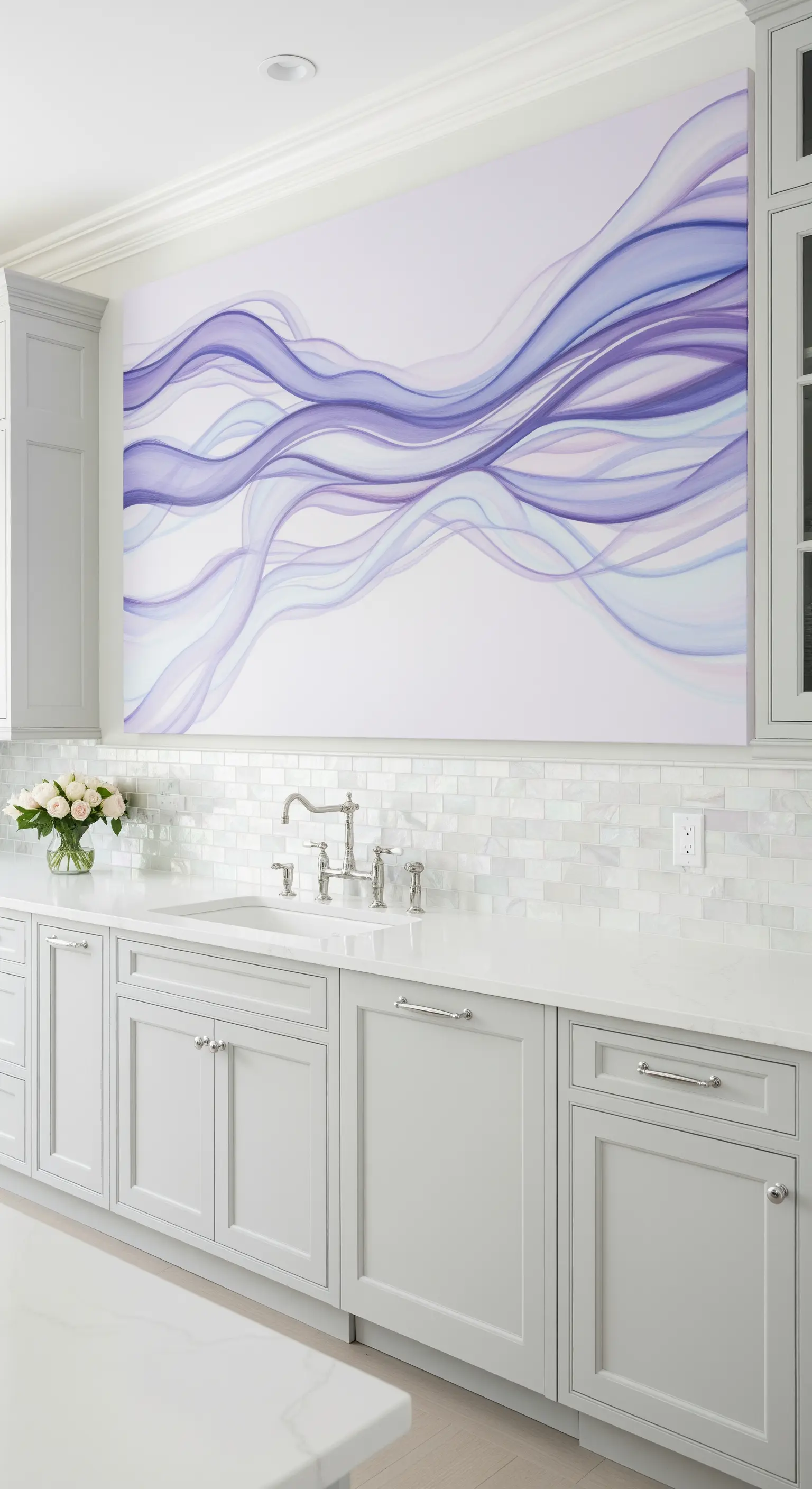 Cucina grigio chiaro con un grande quadro astratto con onde color lavanda.