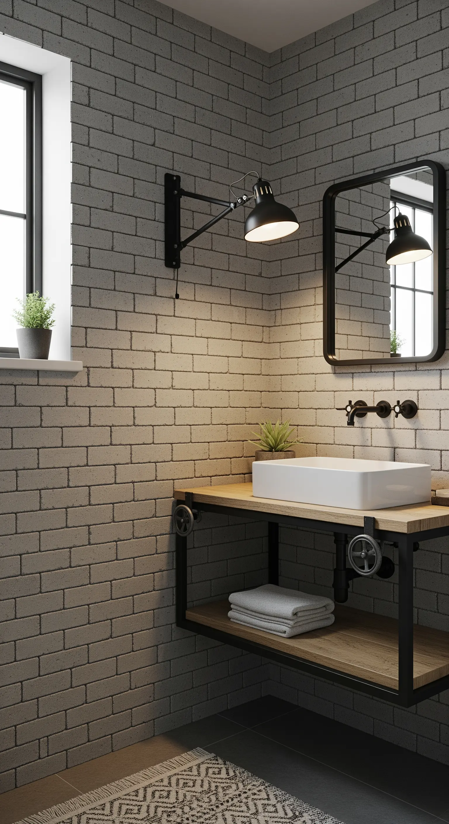 Bagno con mattoni grigi, mobile lavabo sospeso in legno e metallo e lampada da parete nera.
