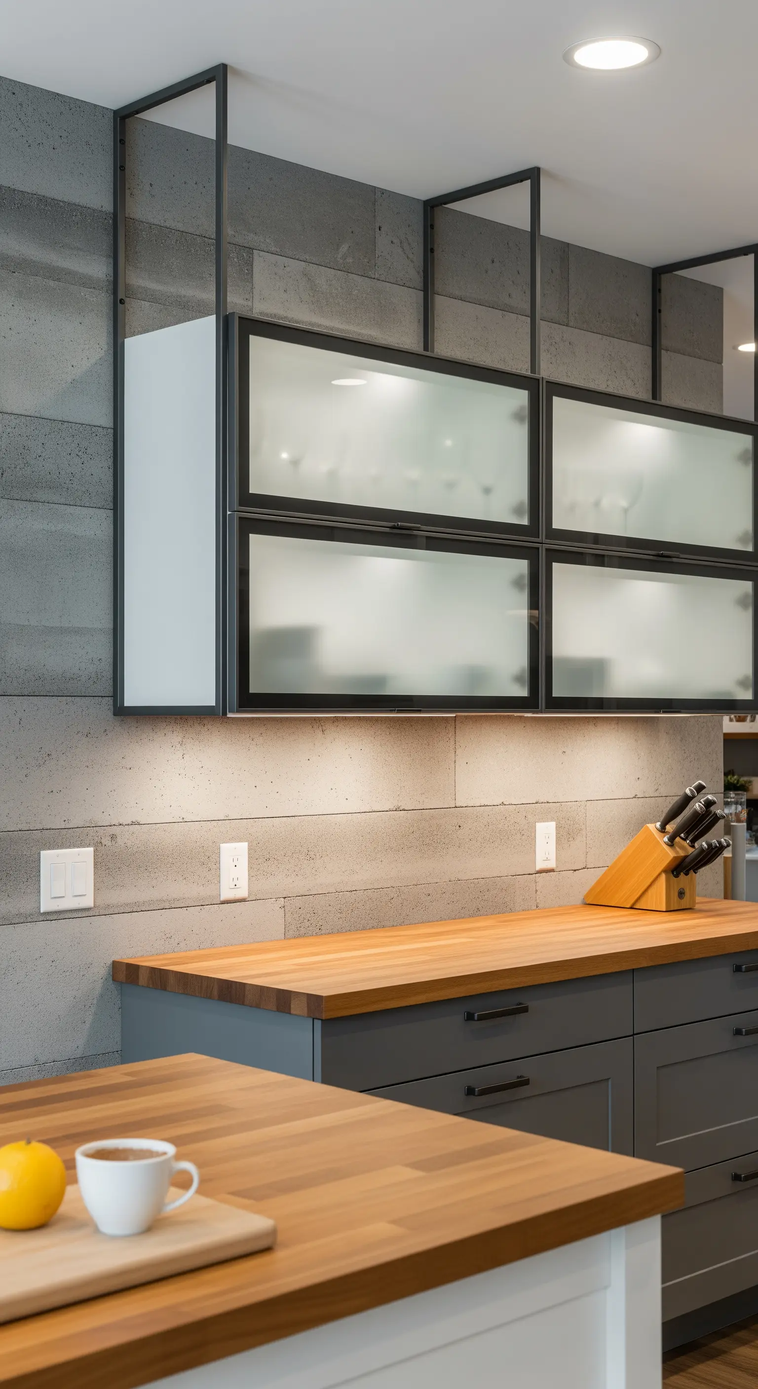 Pensili sospesi con ante in vetro satinato e telaio in metallo nero su parete di cemento.