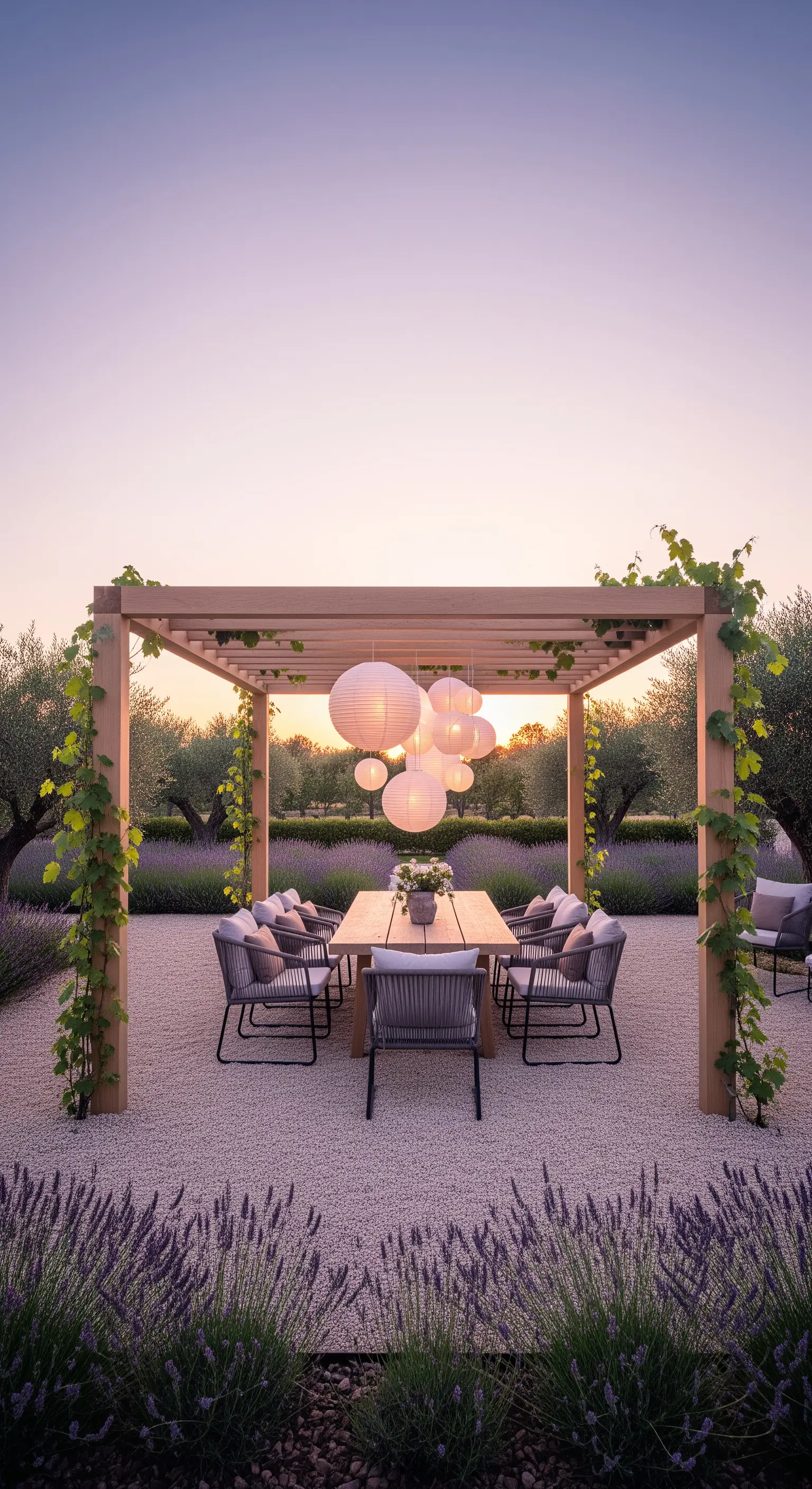 Pergolato in legno chiaro con lanterne di carta in un campo di lavanda al tramonto