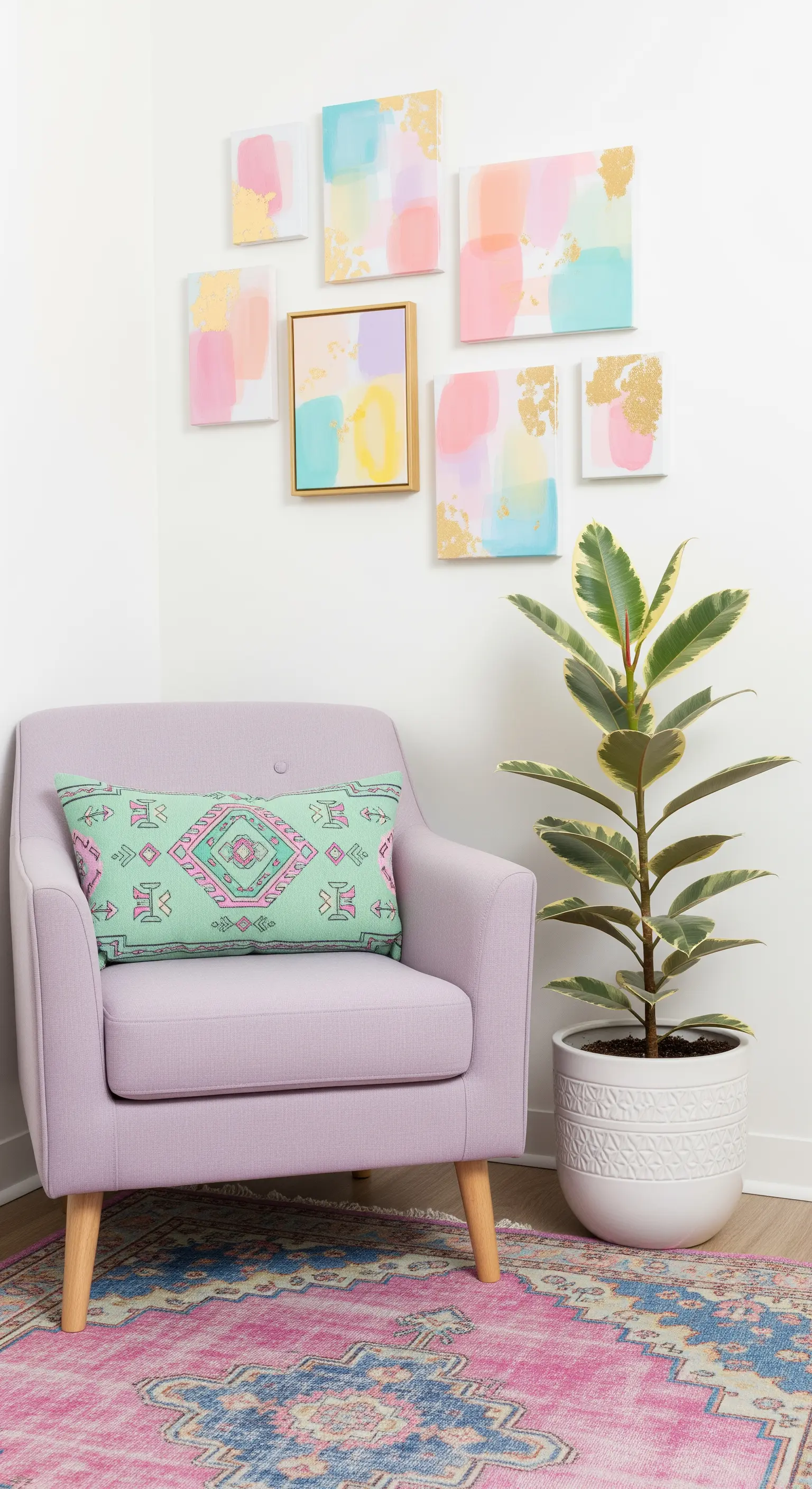 Poltrona lilla con cuscino etnico menta, tappeto rosa e quadri astratti color pastello.