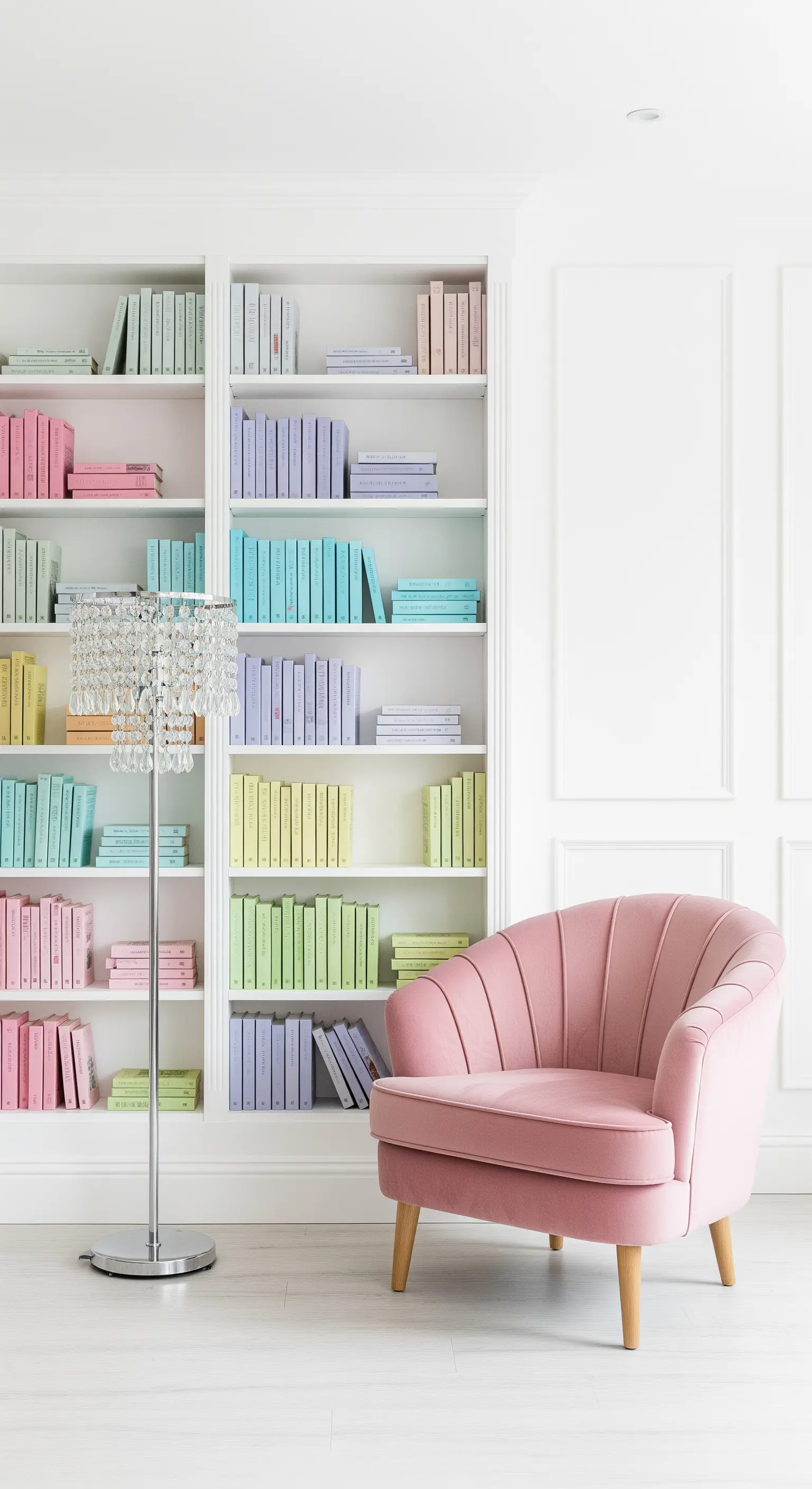 Libreria bianca con libri color pastello e una poltrona a conchiglia in velluto rosa.