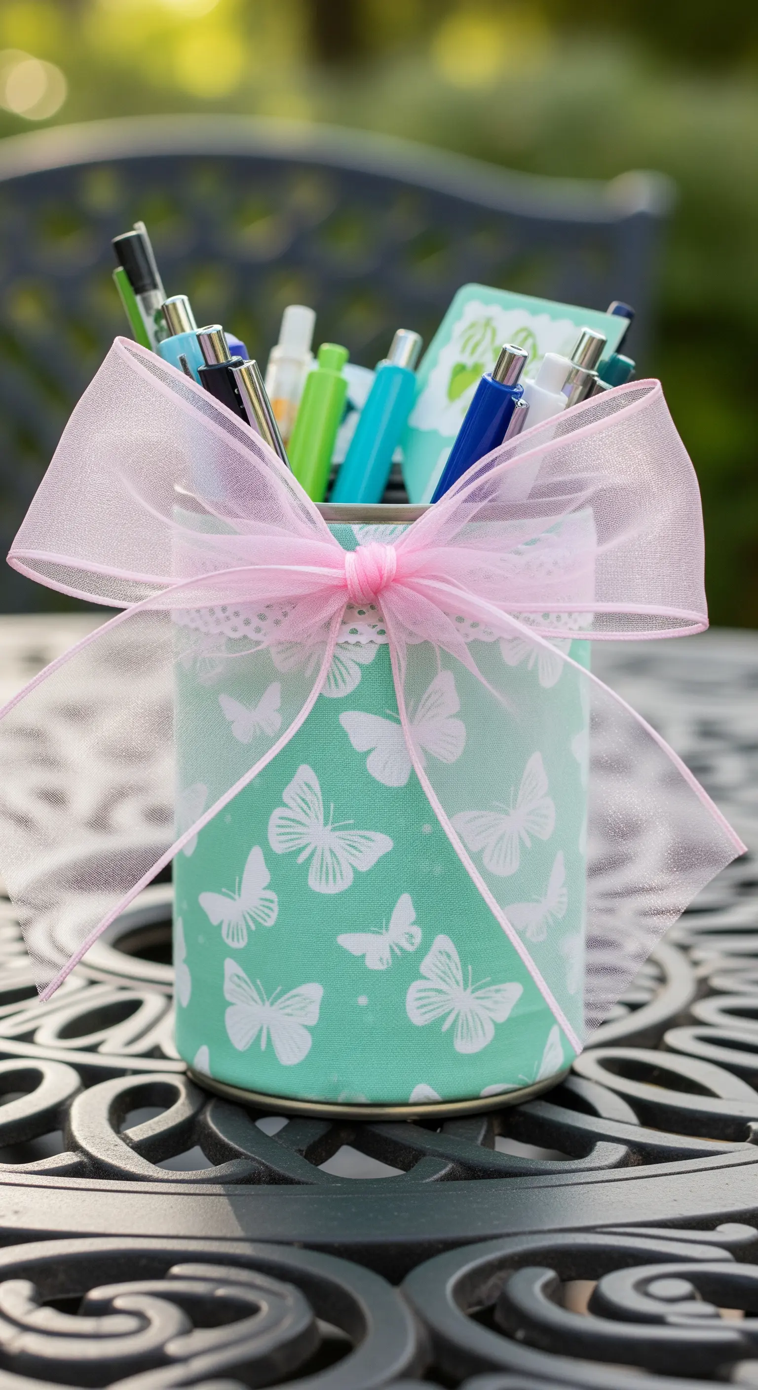 Portapenne verde menta con stampa di farfalle, decorato con un grande fiocco di organza rosa.