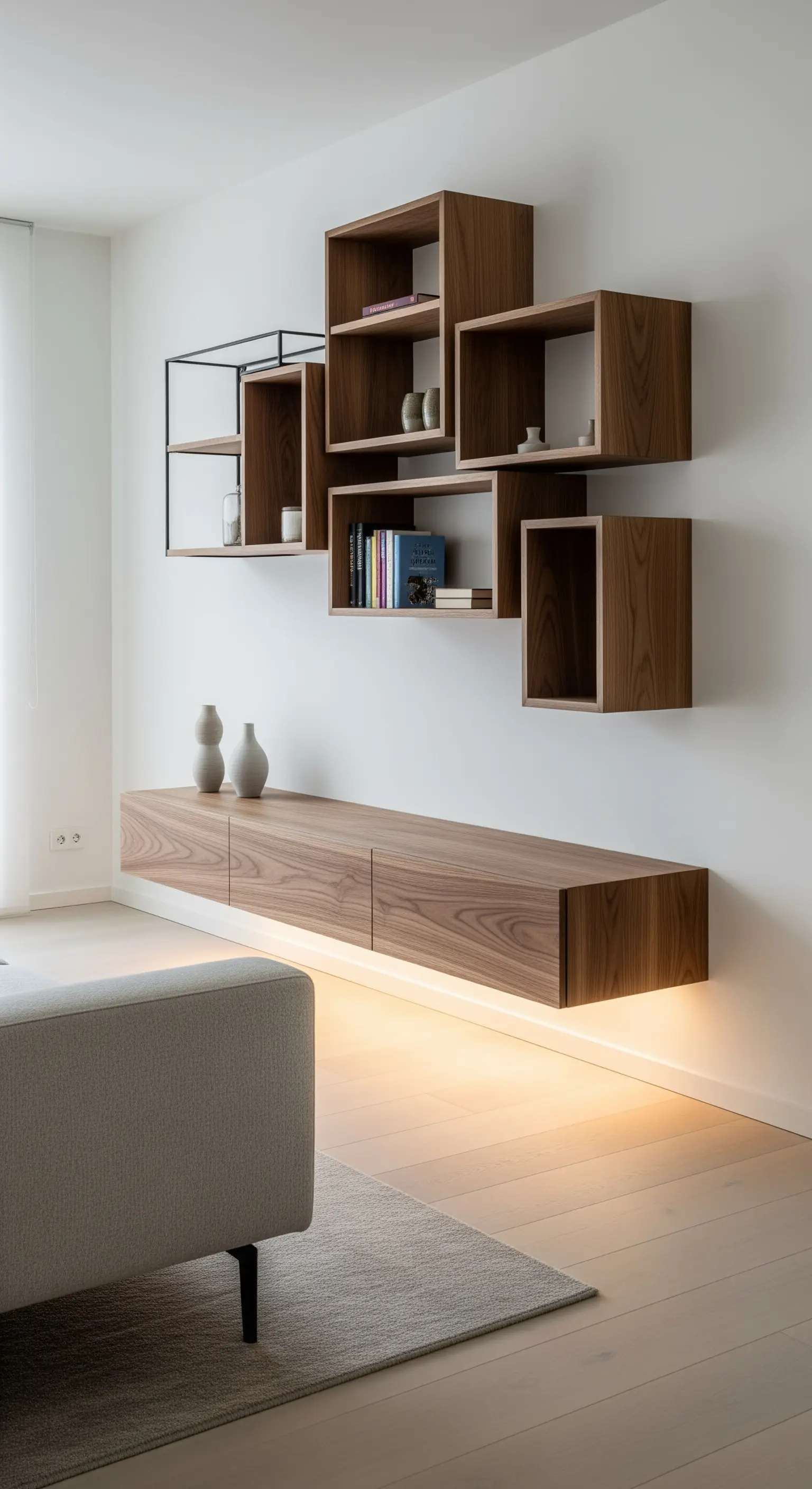 Mobile TV sospeso in legno con illuminazione a LED e mensole modulari a parete.