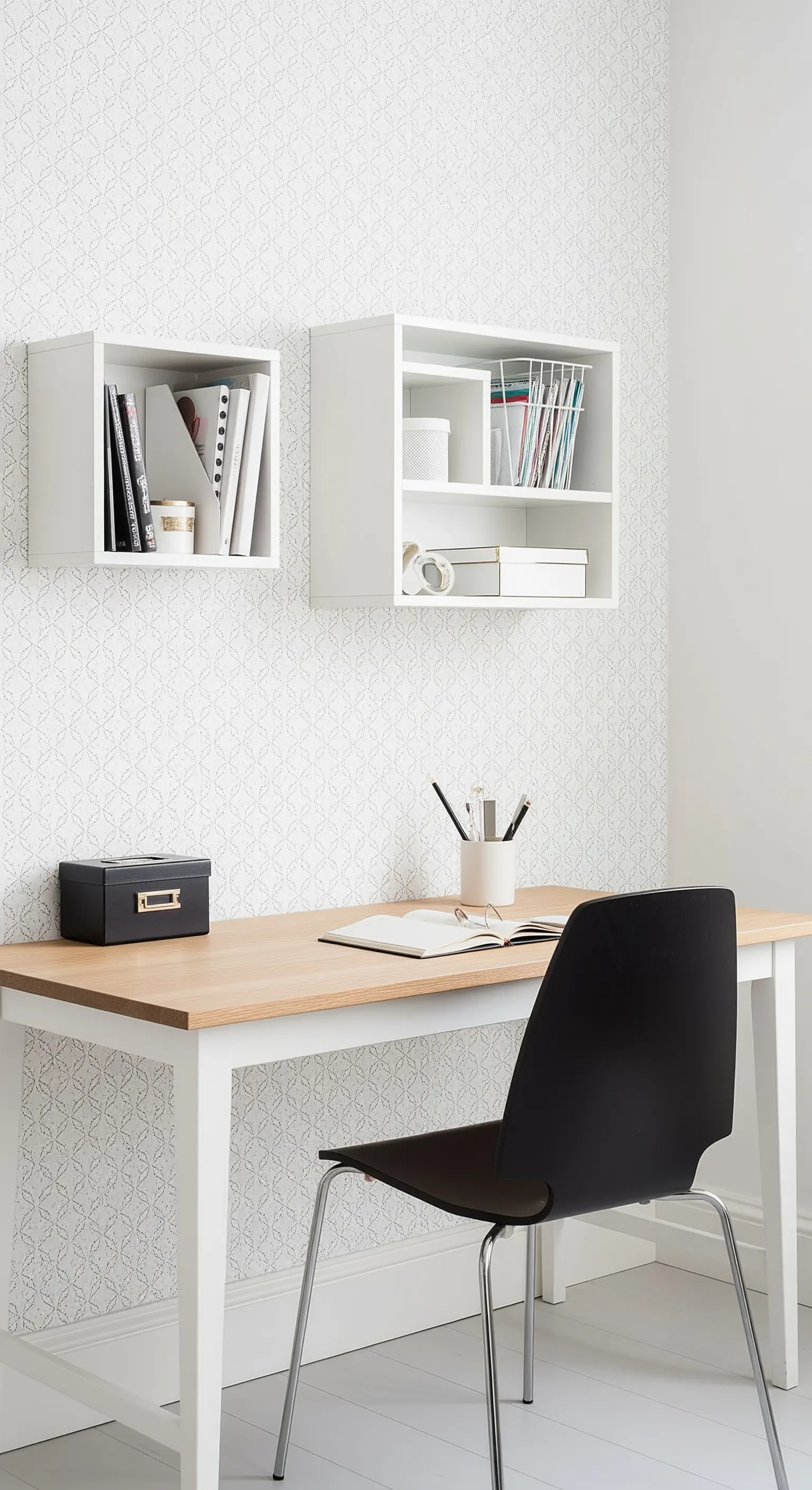 Scrivania in legno chiaro con sedia nera e moduli contenitore bianchi a parete.