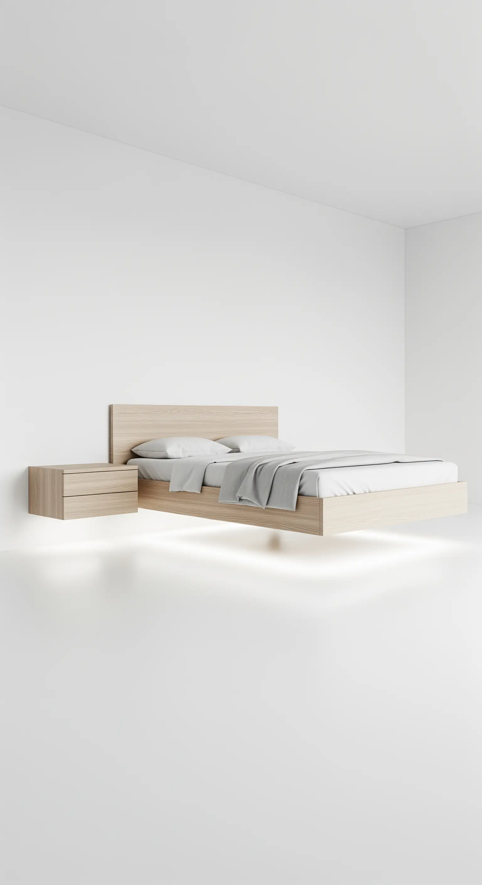 Letto fluttuante in legno chiaro con illuminazione integrata sotto la base.