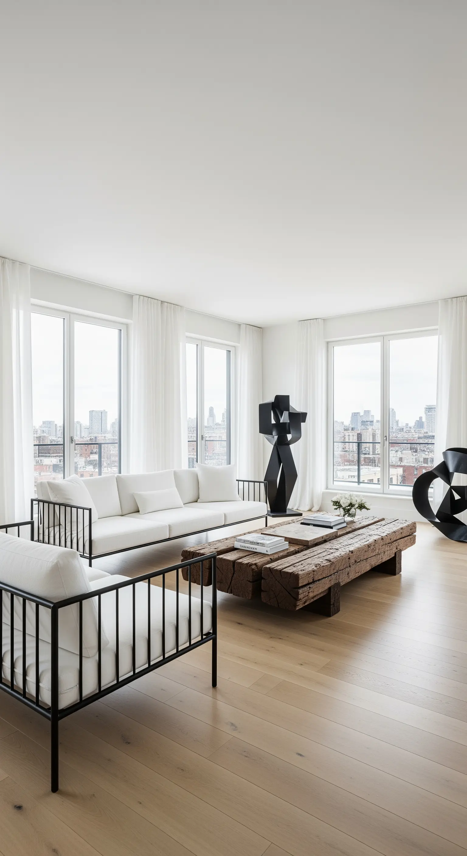 Loft luminoso con divani dalla struttura in metallo nero e un grande tavolo in legno di recupero.