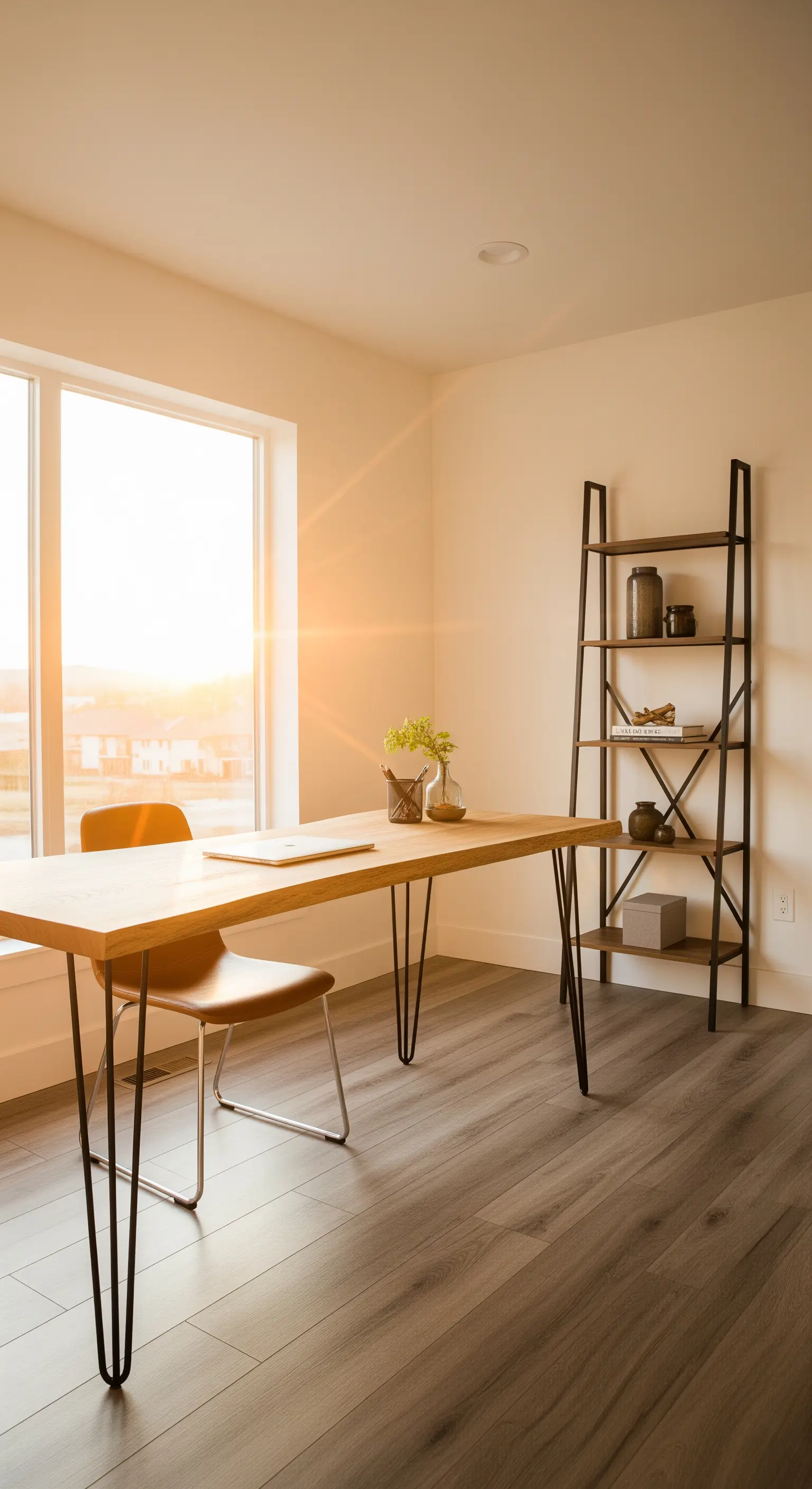 Scrivania in legno con gambe a forcina in metallo nero e libreria a scala in una stanza luminosa.