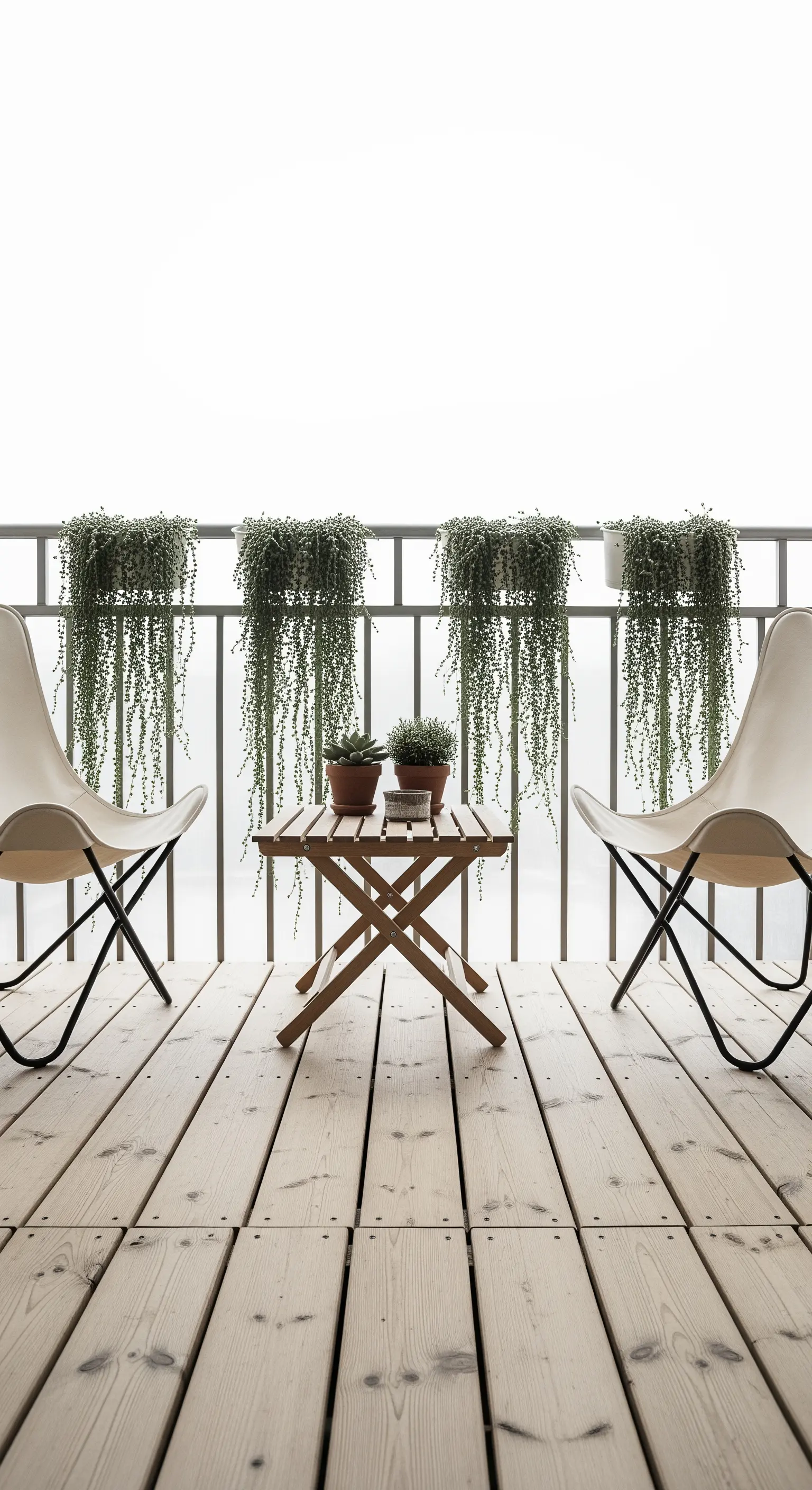 Balcone con pavimento in legno, due sedie Butterfly bianche e piante a cascata sulla ringhiera.