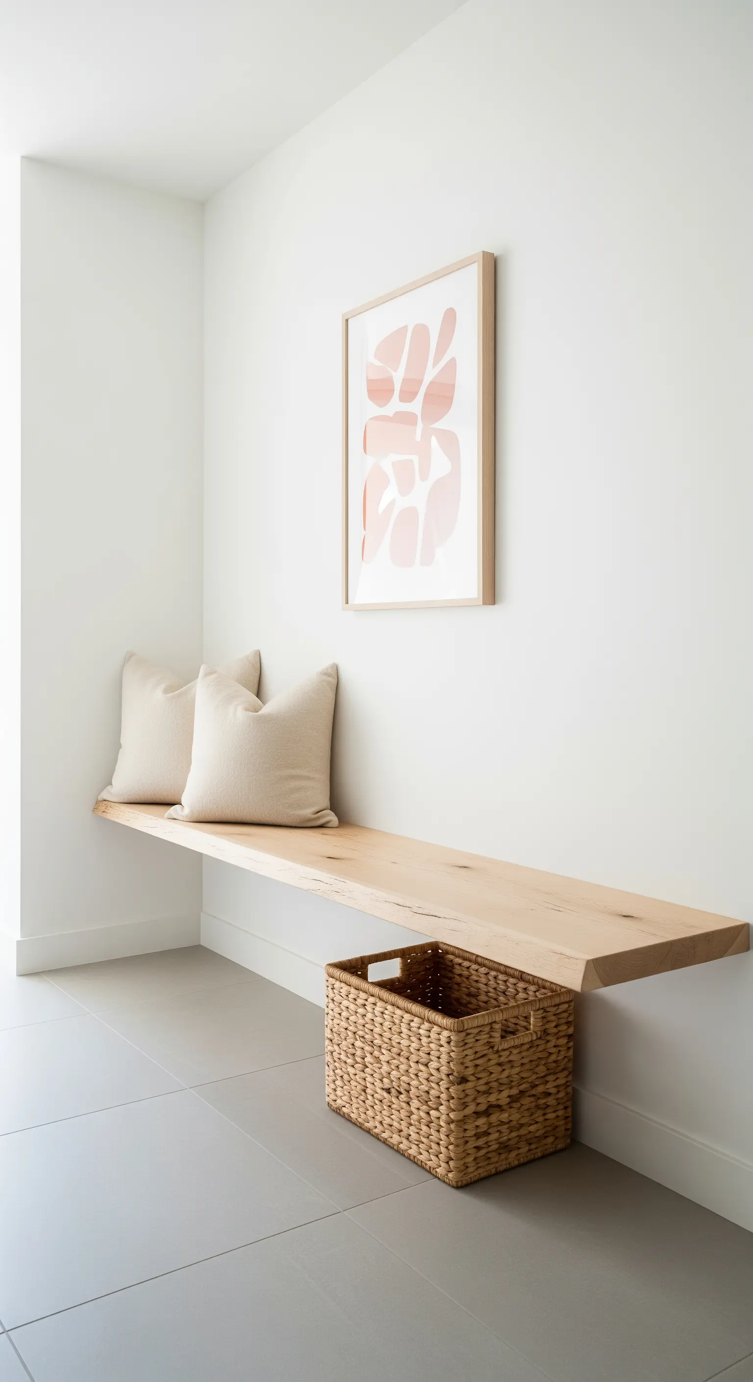 Panca sospesa in legno chiaro in un angolo minimalista con cesto e quadro.