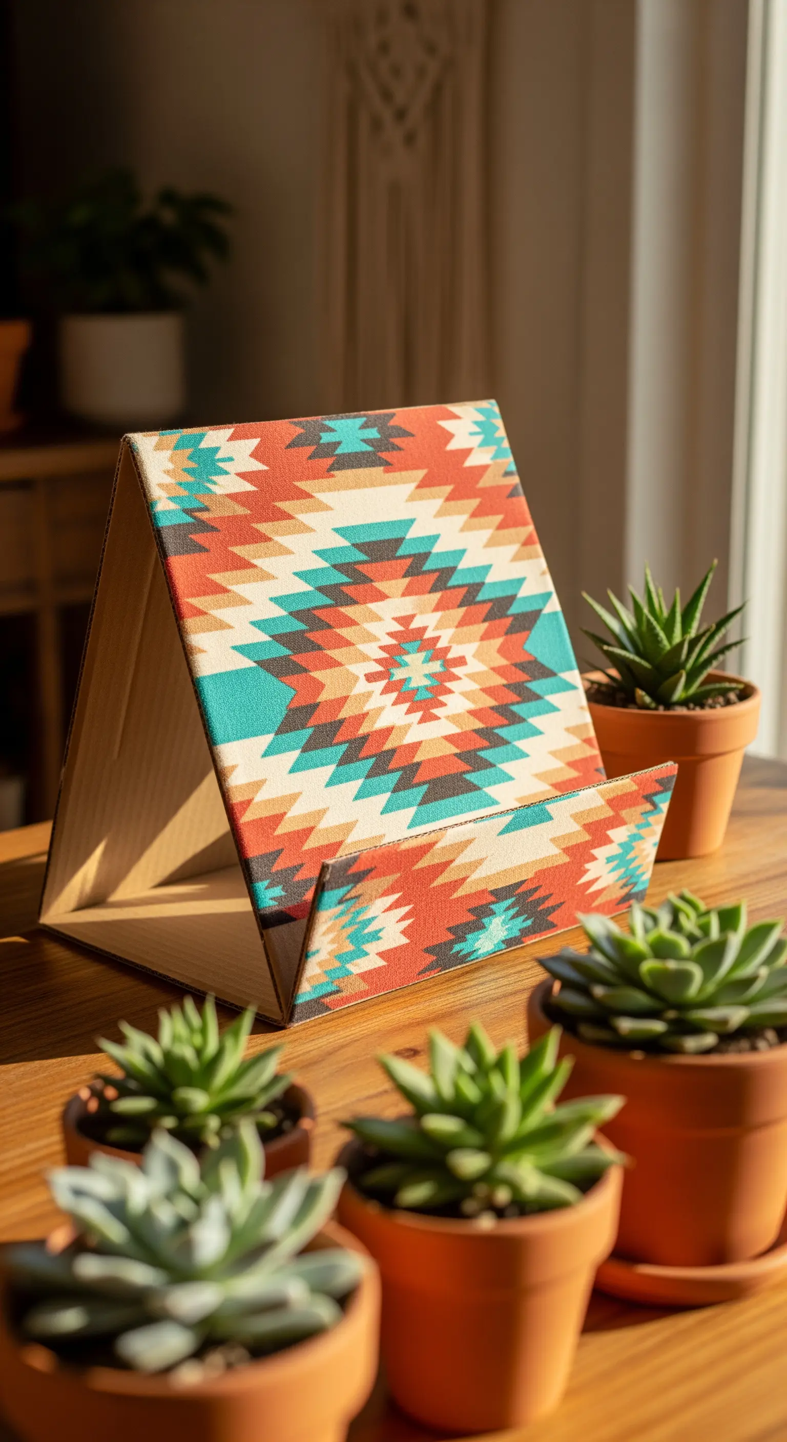 Leggio pieghevole in cartone rivestito con tessuto a motivo etnico azteco.