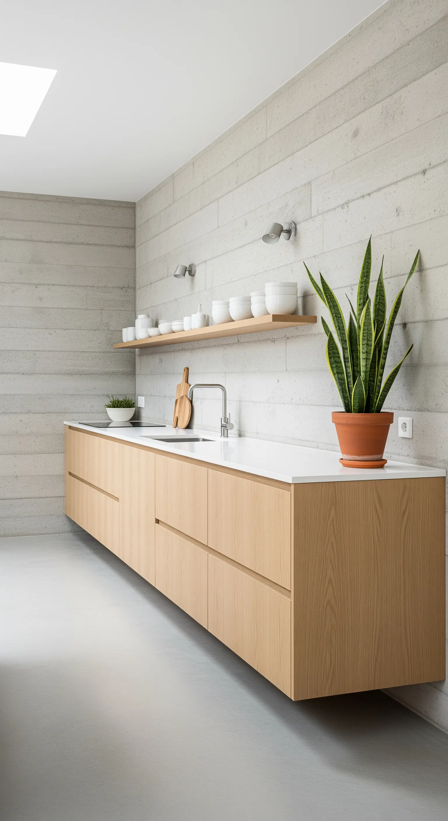 Cucina minimal con lunghi mobili sospesi in legno chiaro contro una parete effetto cemento.