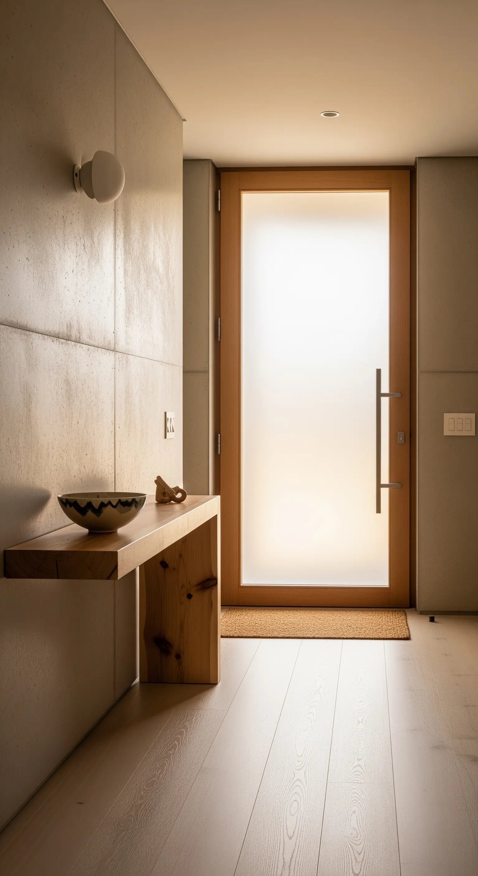 Ingresso con parete in cemento, consolle in legno grezzo e porta con vetro satinato.