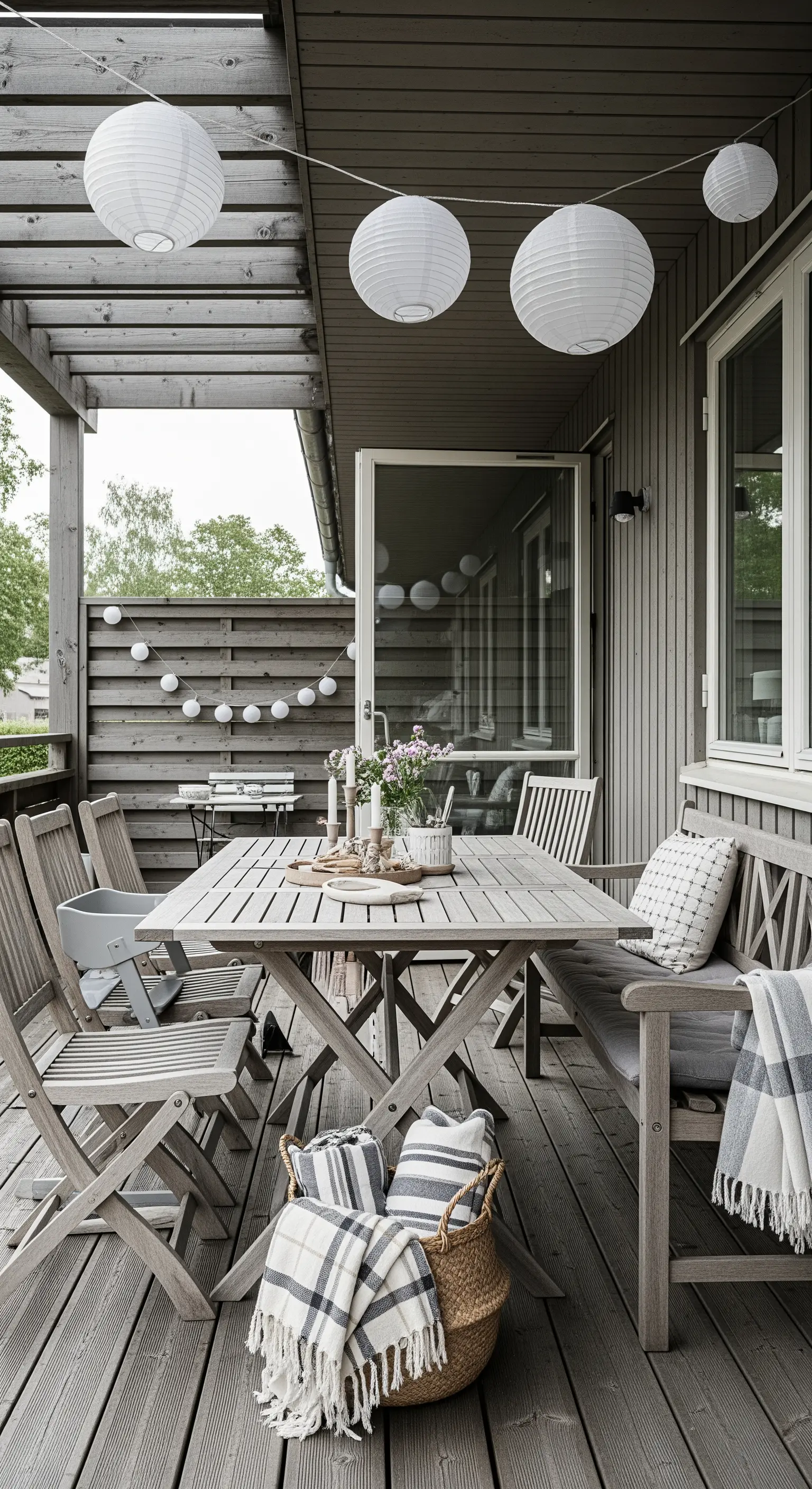 Patio in legno grigio con tavolo, panca, sedie pieghevoli e lanterne di carta sospese.