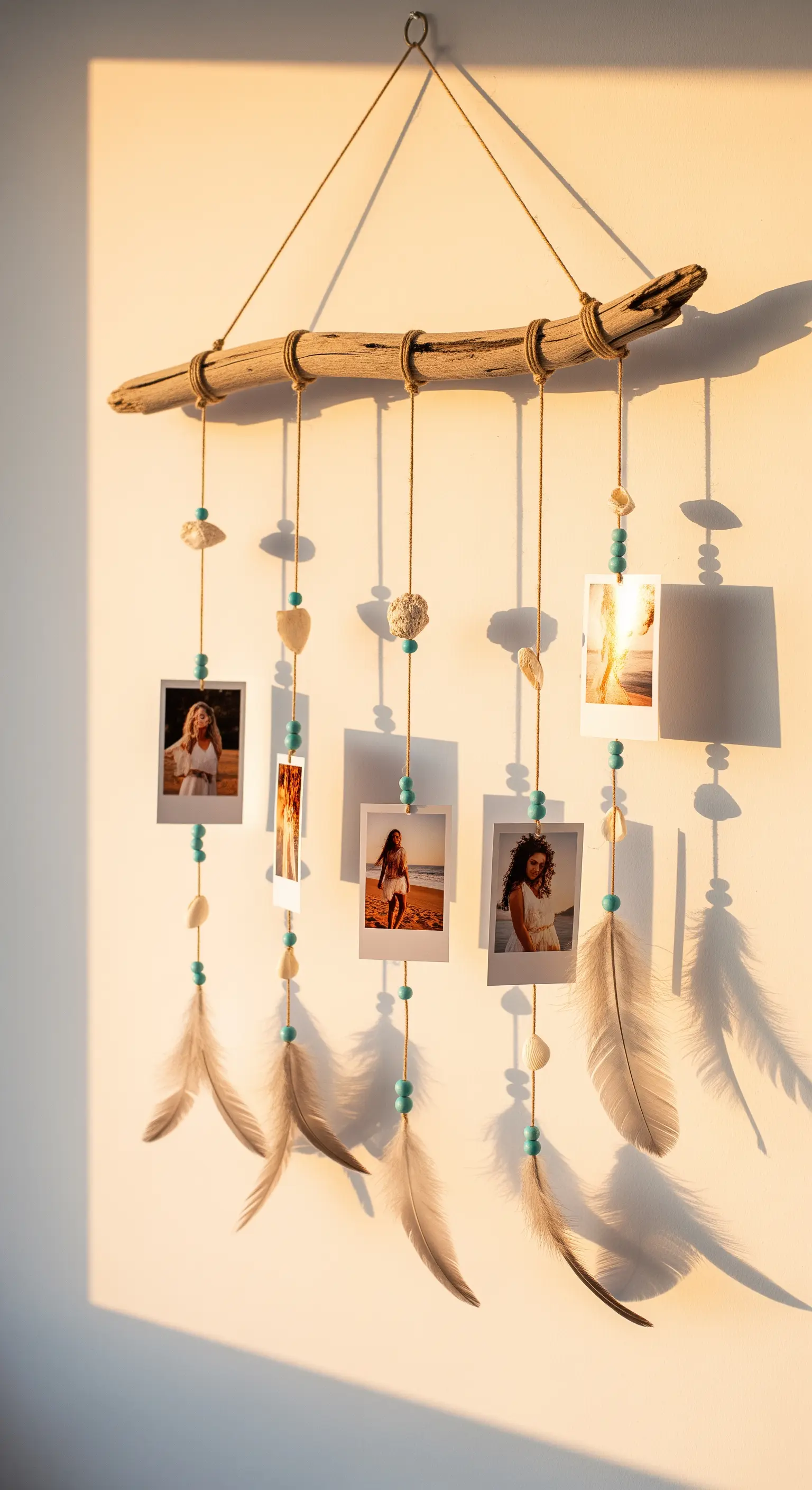 Ramo di legno spiaggiato usato come portafoto da parete, decorato con piume e conchiglie.