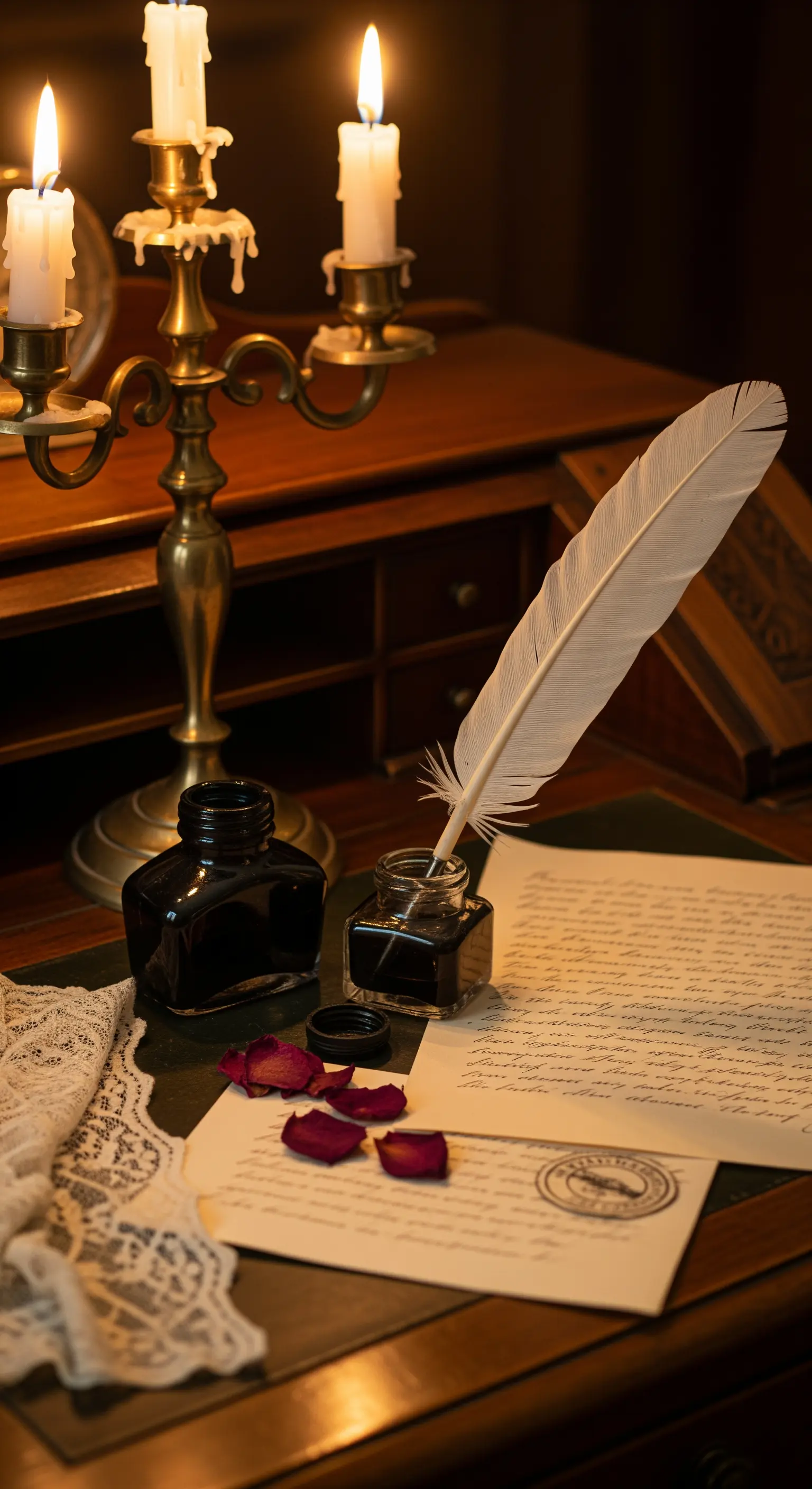 Scrivania antica con penna d'oca, calamaio, lettera scritta a mano e un candelabro acceso.