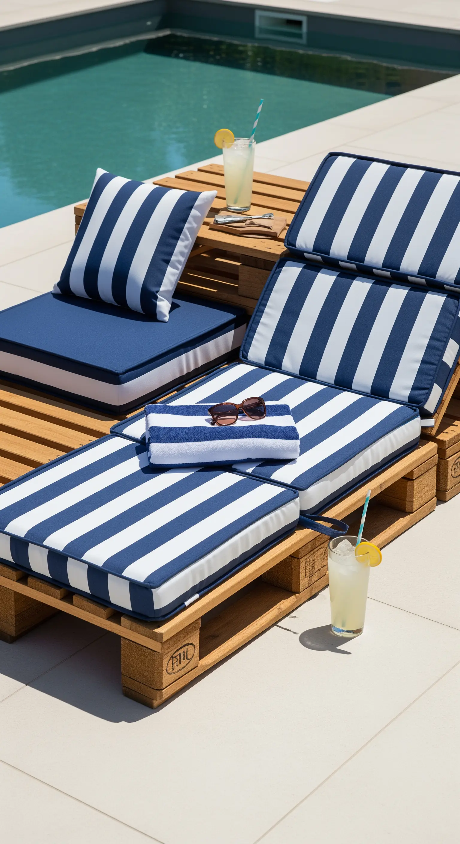 Lettino prendisole in pallet con cuscineria a righe bianche e blu a bordo piscina