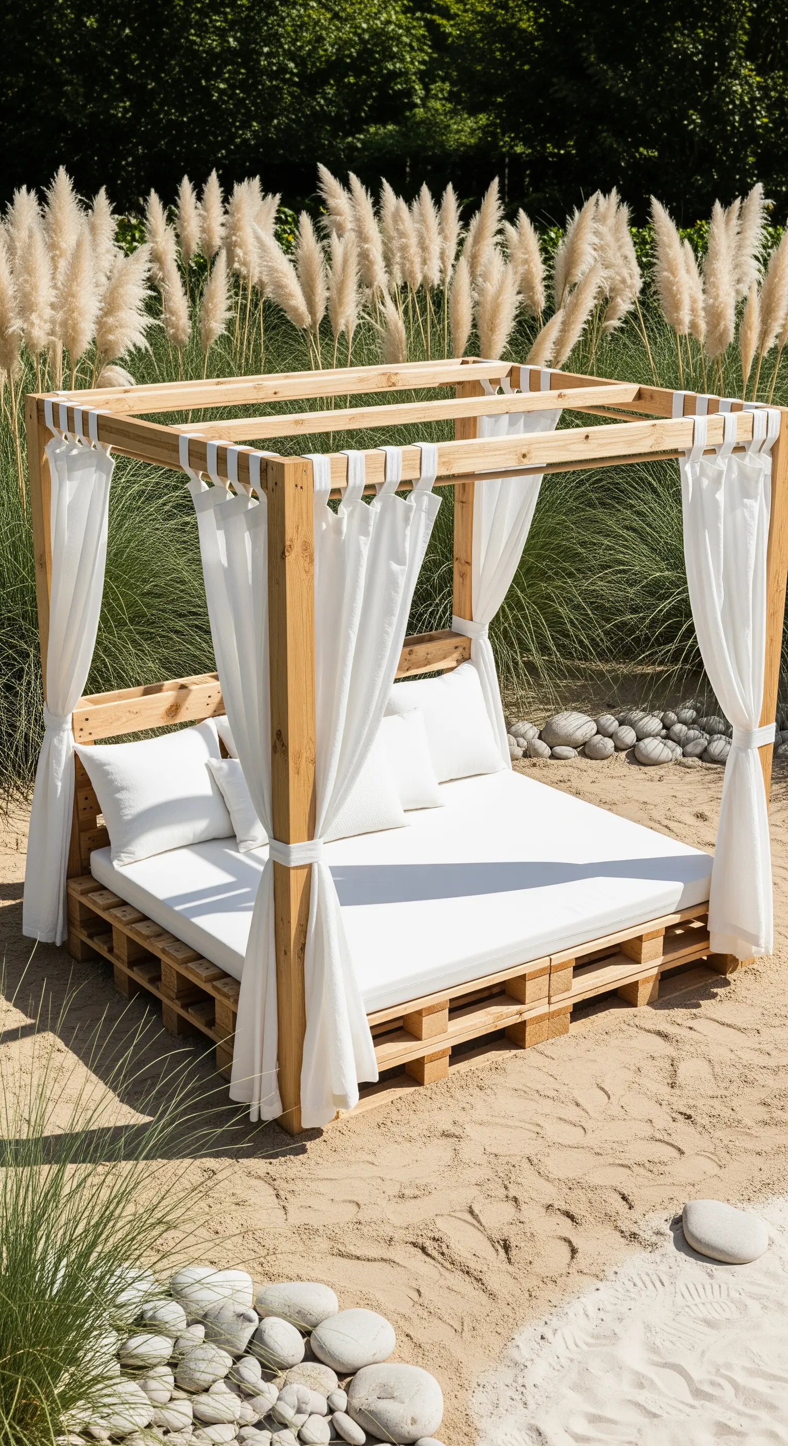 Letto matrimoniale in pallet con struttura a baldacchino e tende bianche in un contesto sabbioso