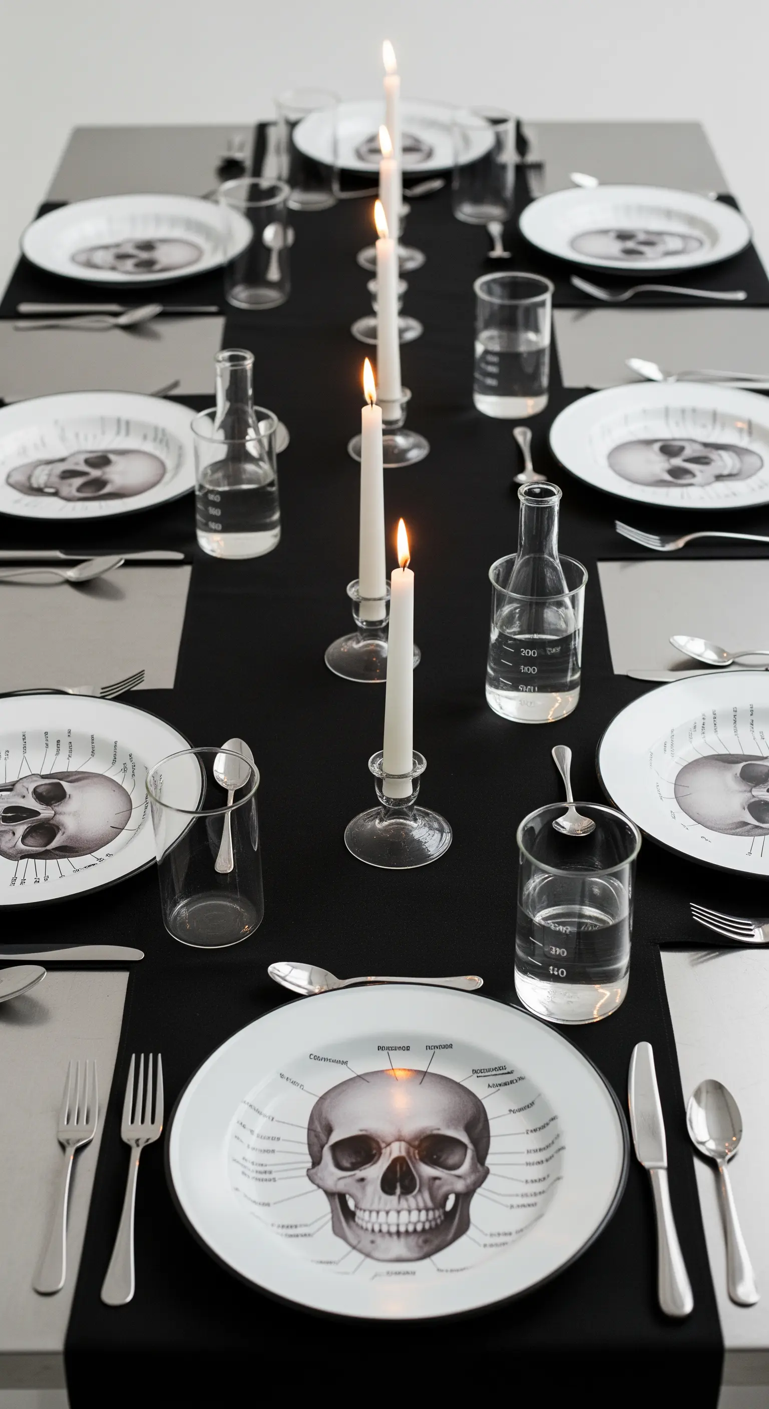 Tavola minimalista con piatti a tema teschio anatomico e bicchieri da laboratorio.