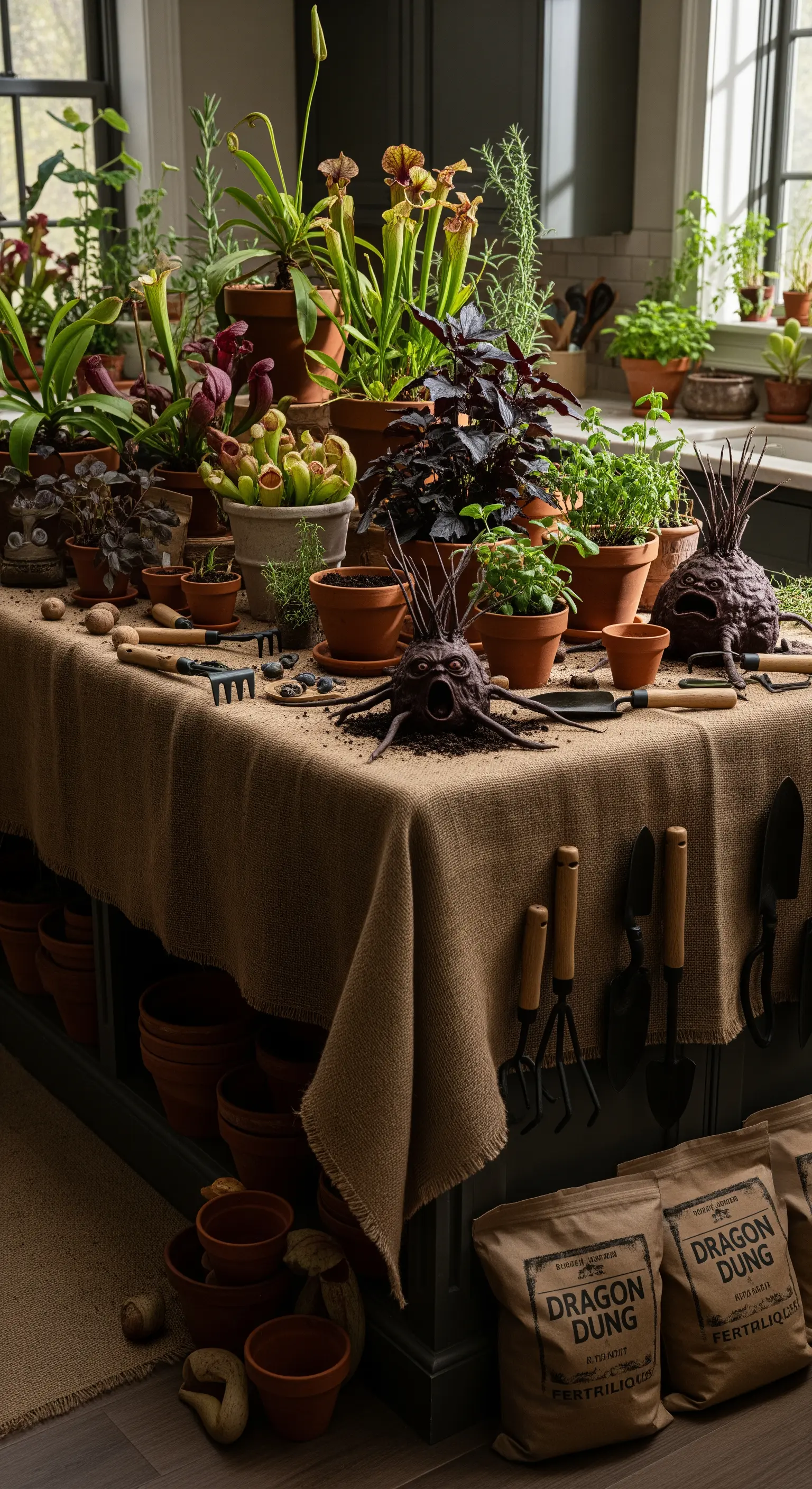 Tavolo da lavoro con piante carnivore in vasi di terracotta, attrezzi e finte mandragole.