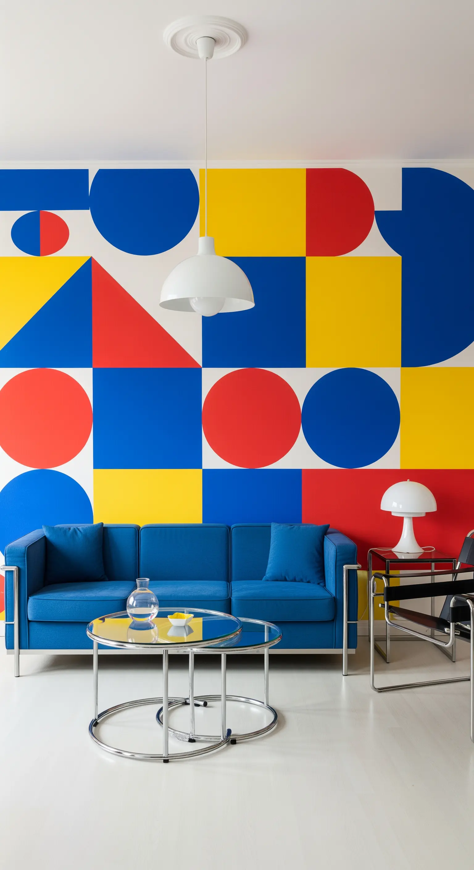 Salotto in stile Bauhaus con murale a forme geometriche primarie e un divano blu con telaio cromato.