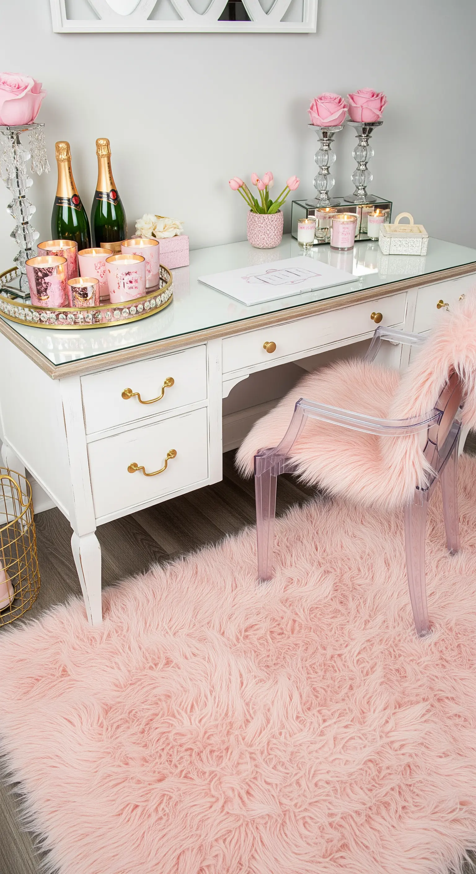 Scrivania bianca e oro con sedia trasparente, tappeto e cuscino in pelliccia sintetica rosa.